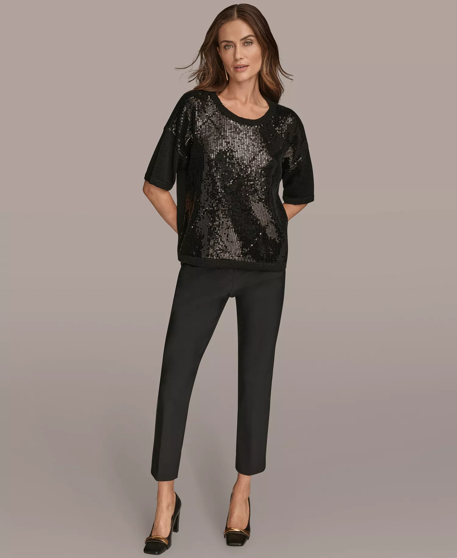 Women's Short Sleeve Sequin Sweater - Black - M