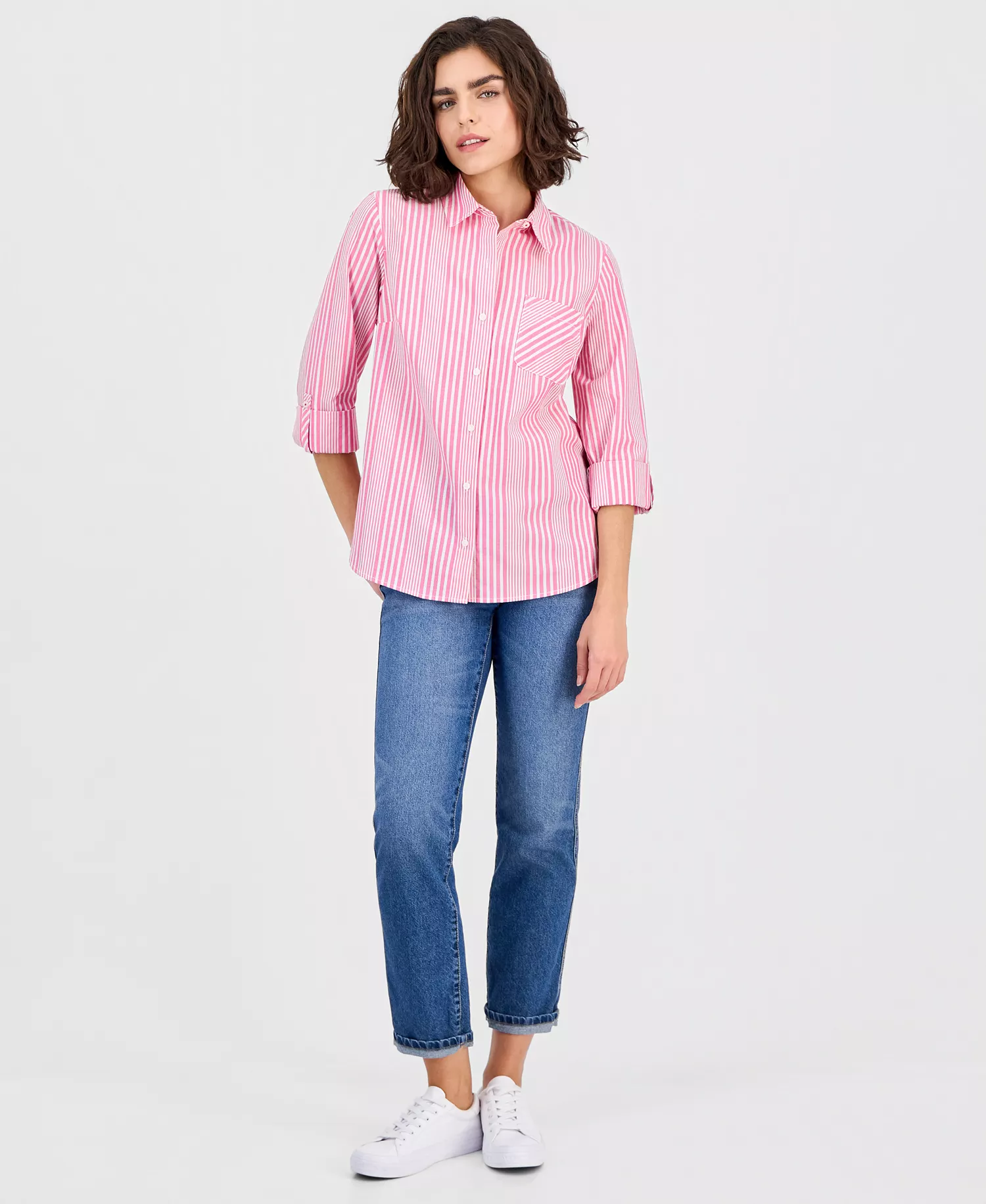 Nautica Women's Springfield Stripe Roll-Tab Shirt - Aster Pink Multi - L