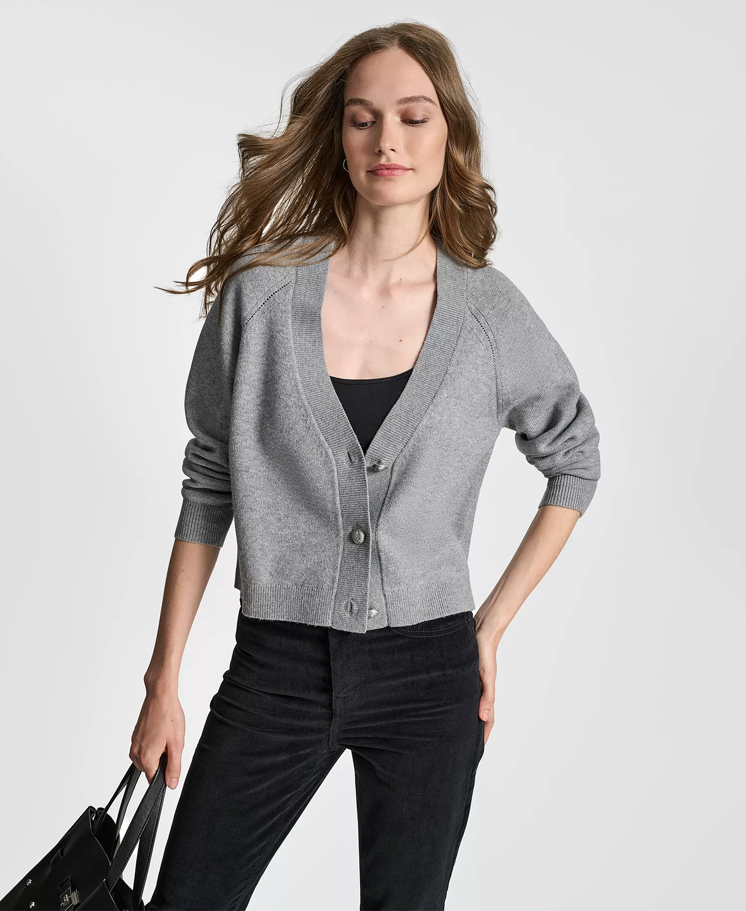 Women's Fashioned Raglan Long-Sleeve Cardigan Sweater - Storm Grey Heather - L