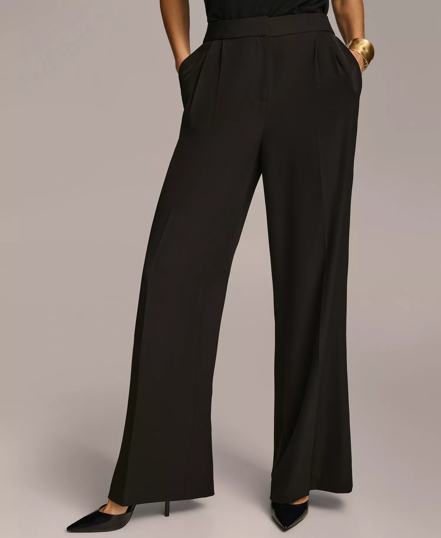 Women's Belted Blazer and Pleat Front Wide-Leg Pants - Black - 0