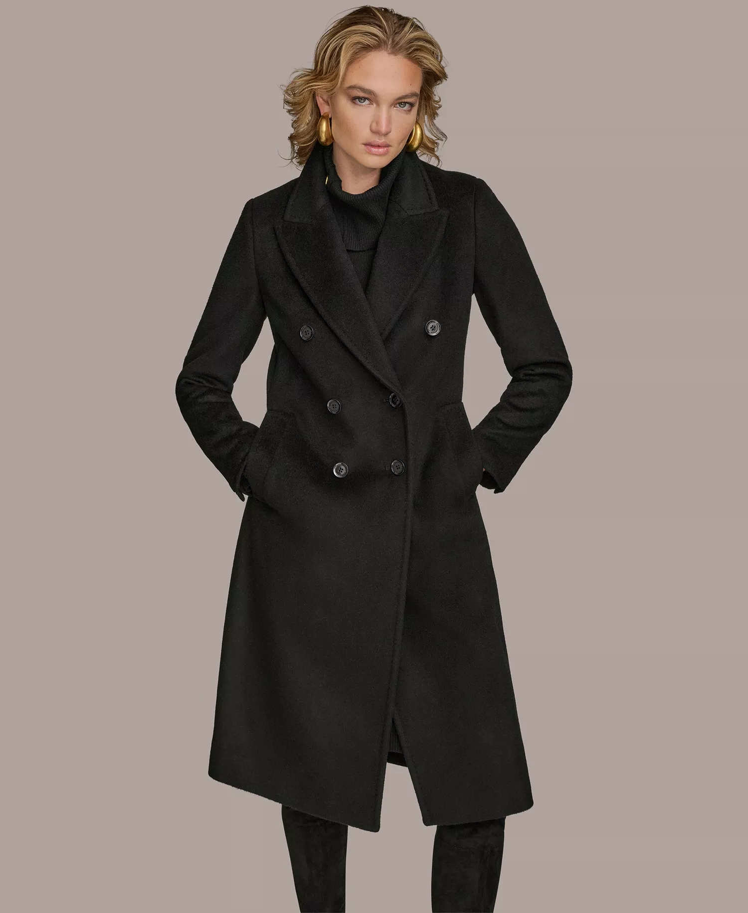 Women's Double-Breasted Reefer Coat - Black - L