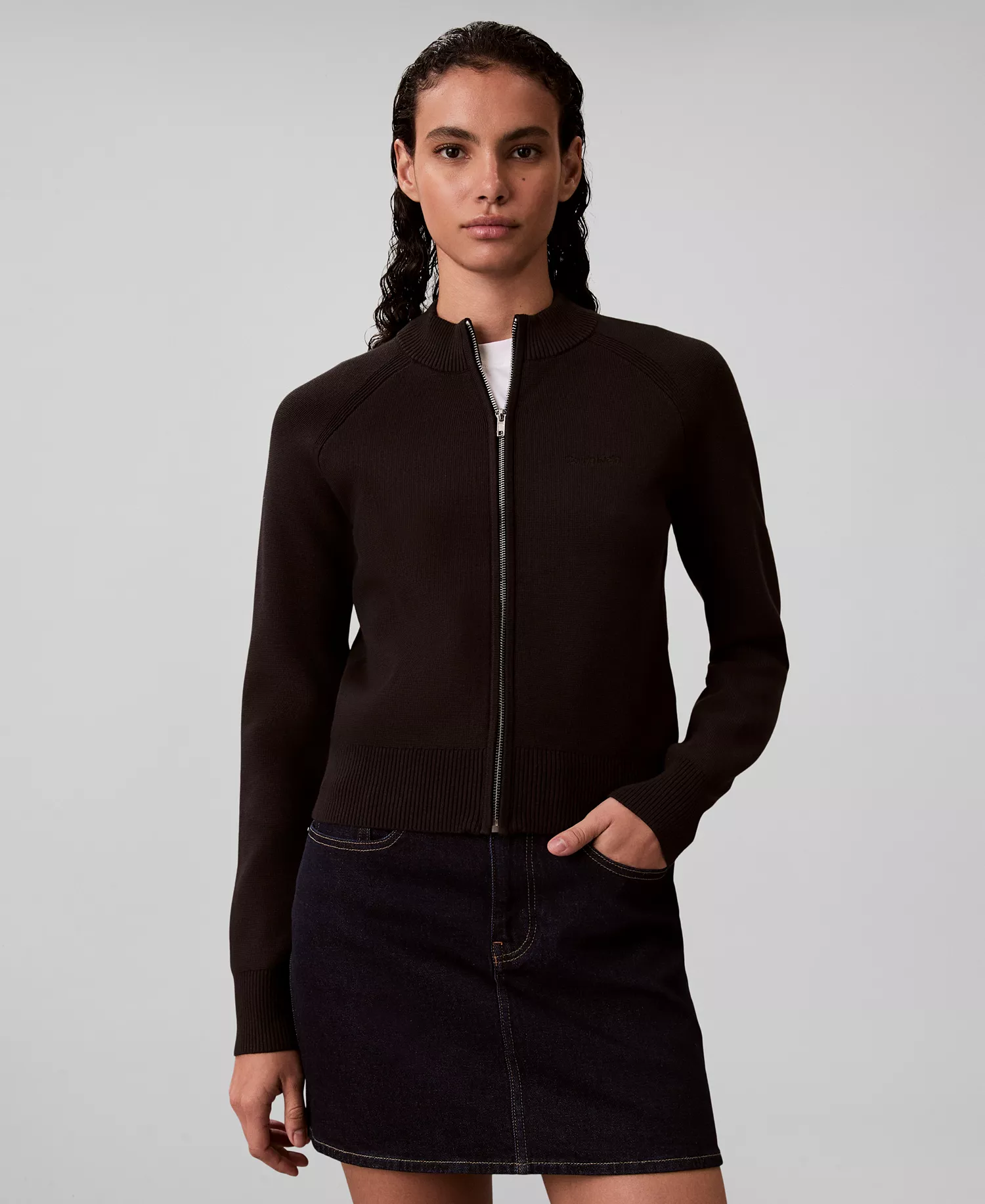 Women's Technical Long Sleeve Mock Neck Cardigan Sweater - Black - M