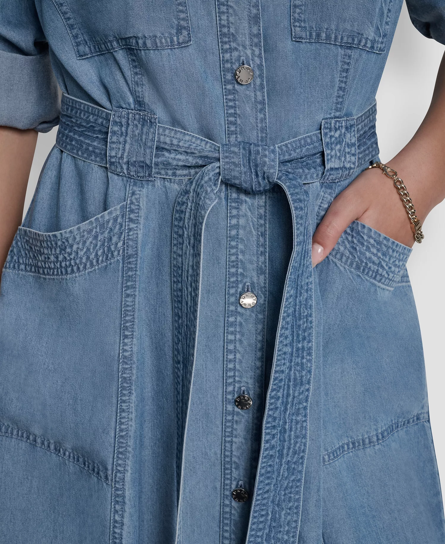 Women's Roll-Tab Sleeve Cargo Collared Dress - Stream - L