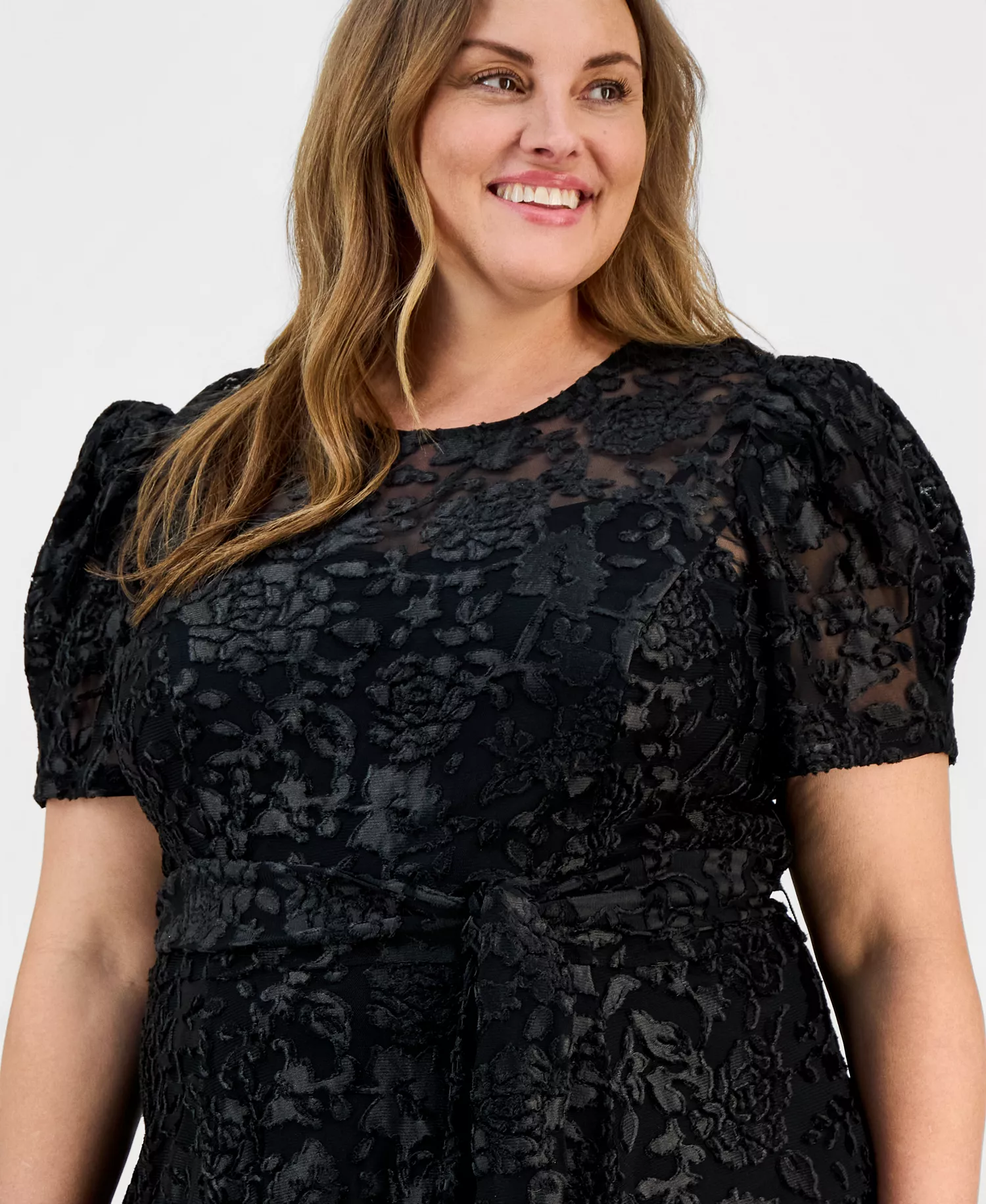 Plus Size Puff-Sleeve Burnout Midi Dress - Black - 14W