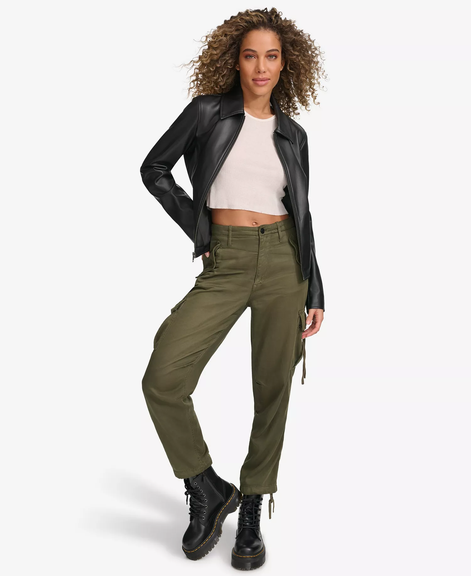 Women's Faux Leather Laydown Collar Jacket - Black - L