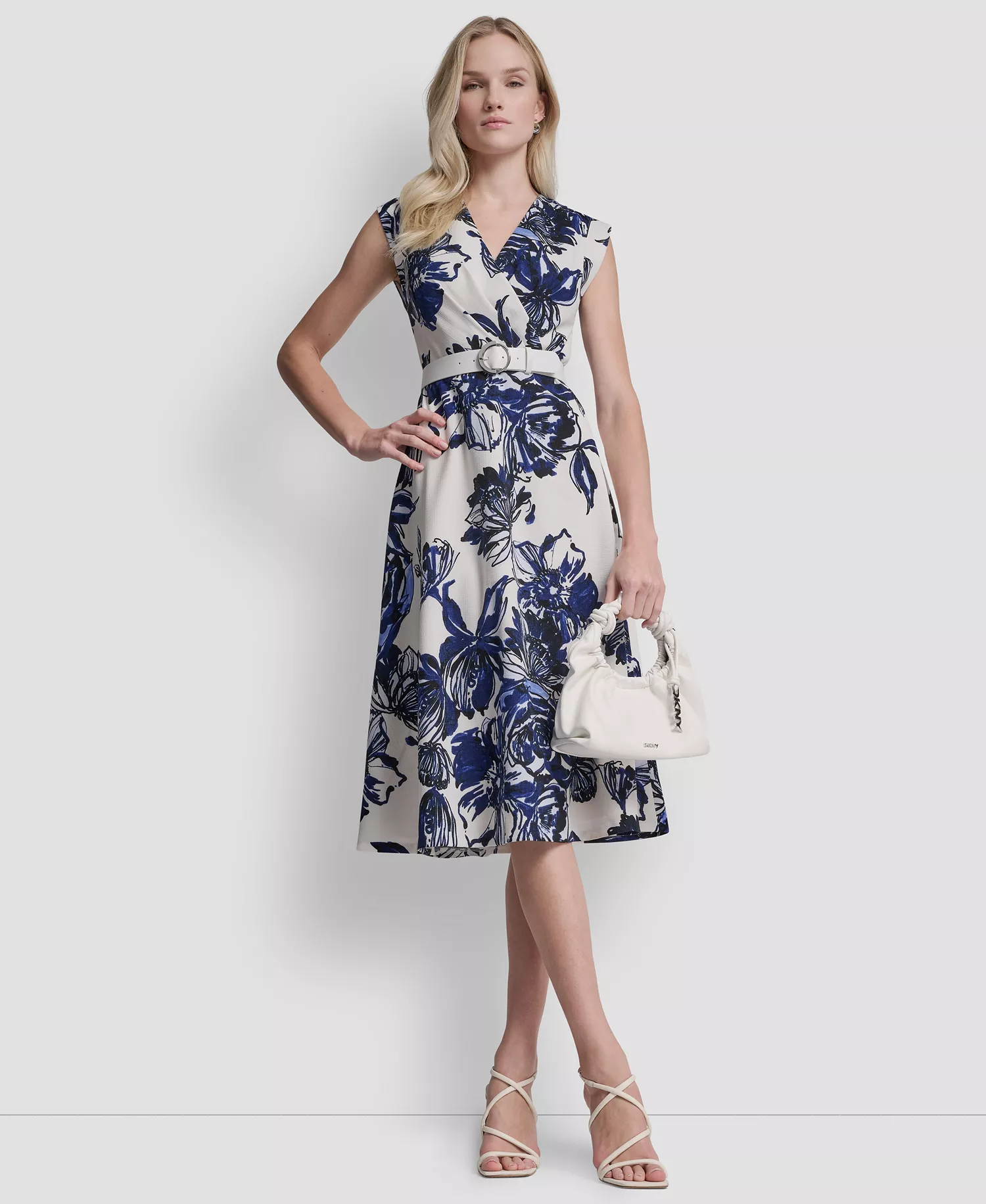 Women's Cap-Sleeve Surplice Neck Belted Midi Dress - Atlantic Blue Multi - 10