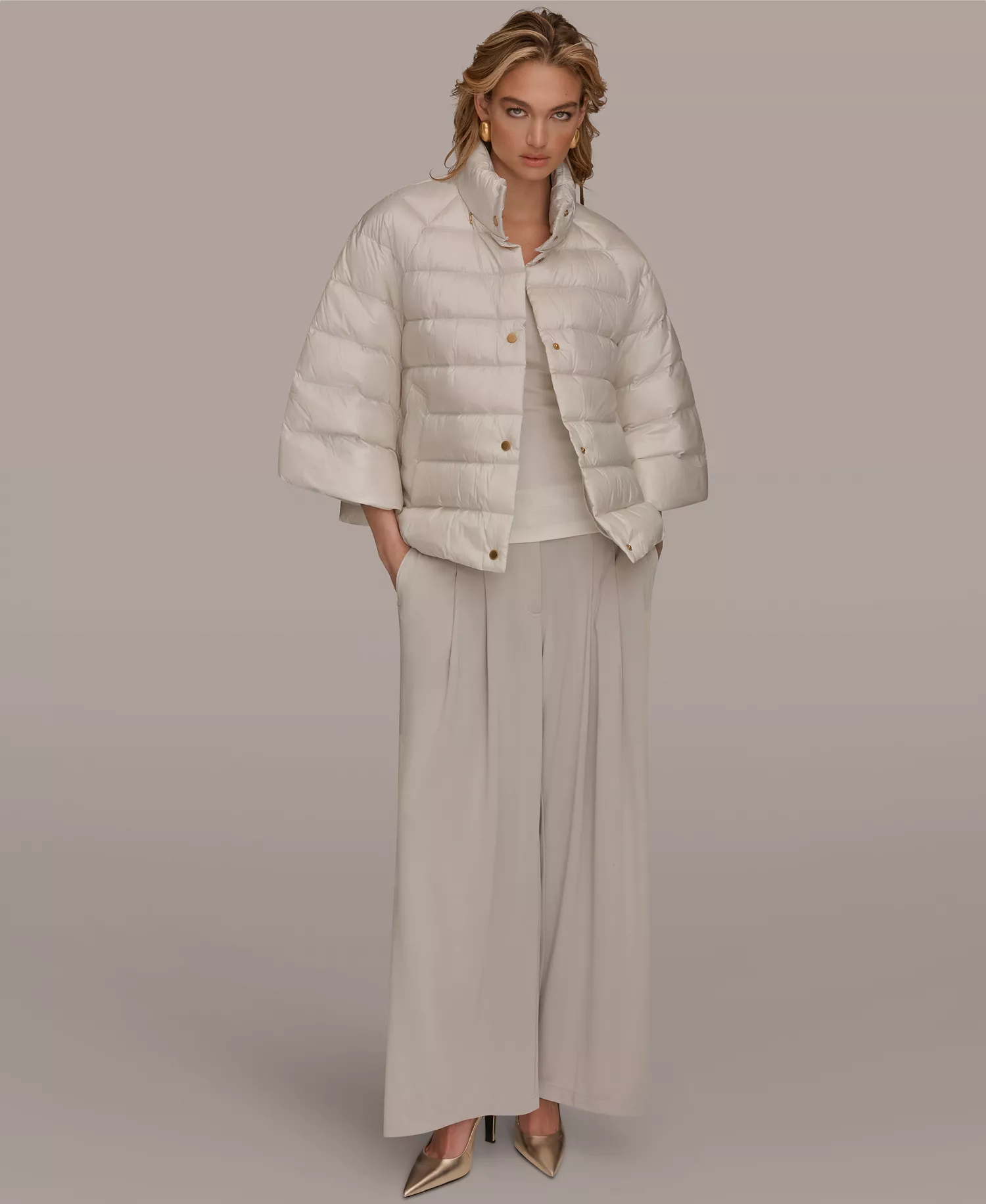 Women's Stand-Collar Down Puffer Cape - Shine White Sand - L/XL