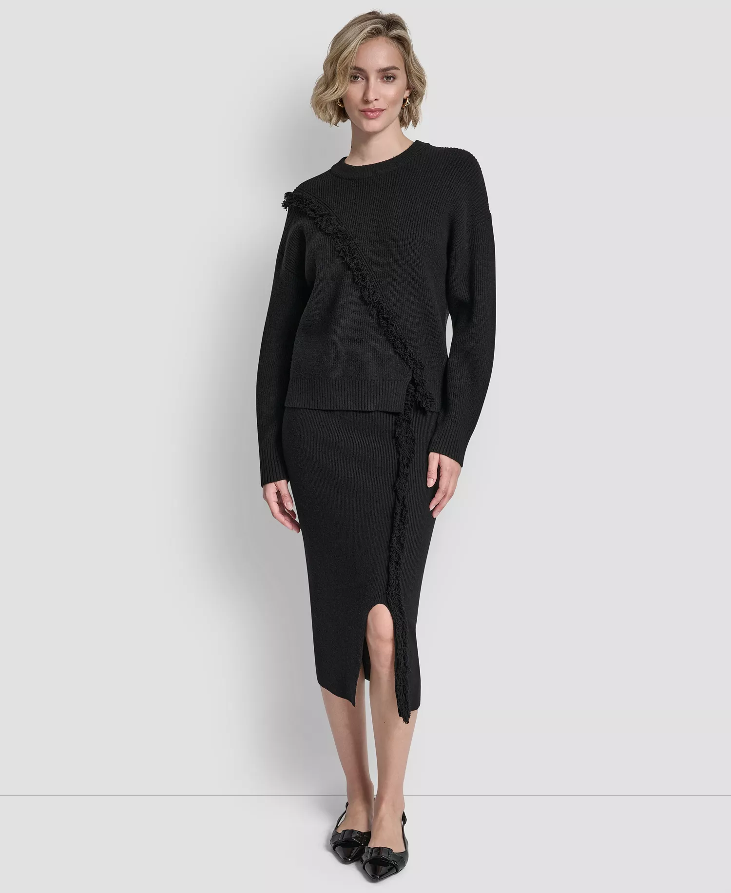 Women's Long-Sleeve Fringe Sweater - Black - L