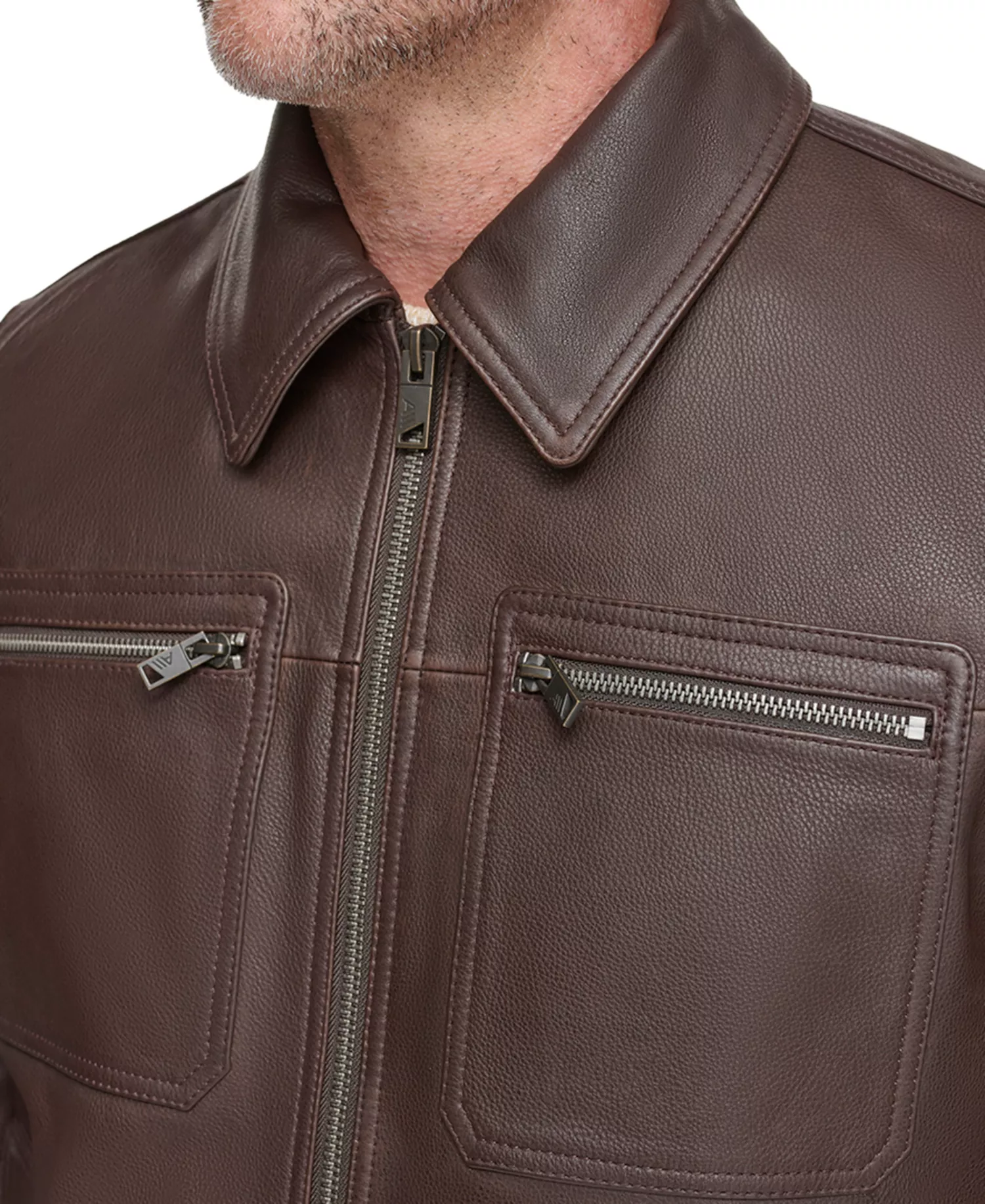 Men's Halen Pebbled Leather Trucker Jacket - Chocolate - M