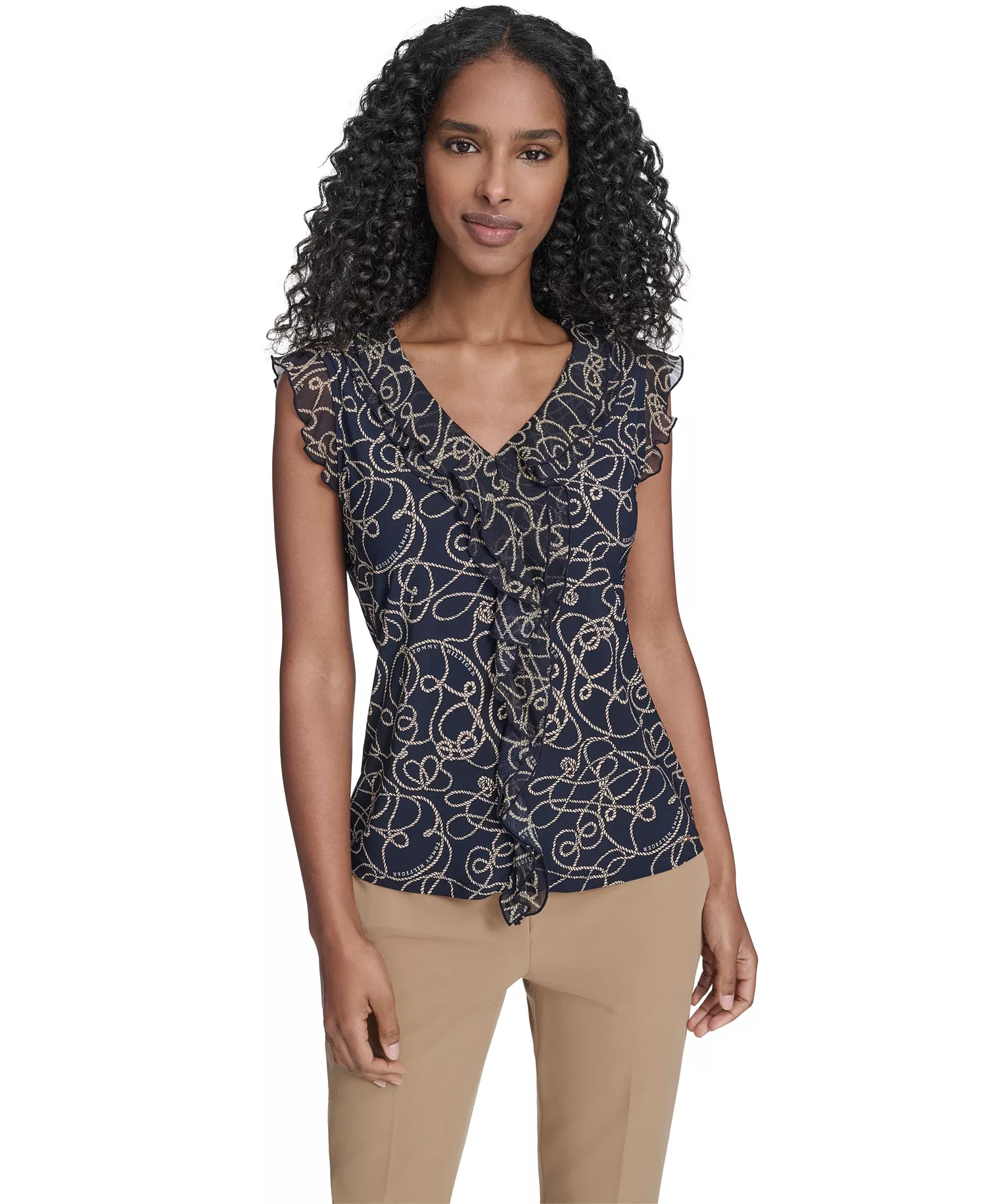 Women's Sleeveless Mixed Media Rope Print Top - Midnight/ Irish Cream - L