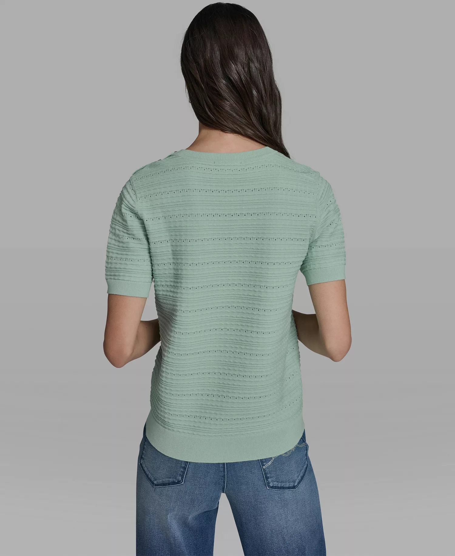 Women's Solid Pointelle Crew Neck Sweater - Fresh Mint - L