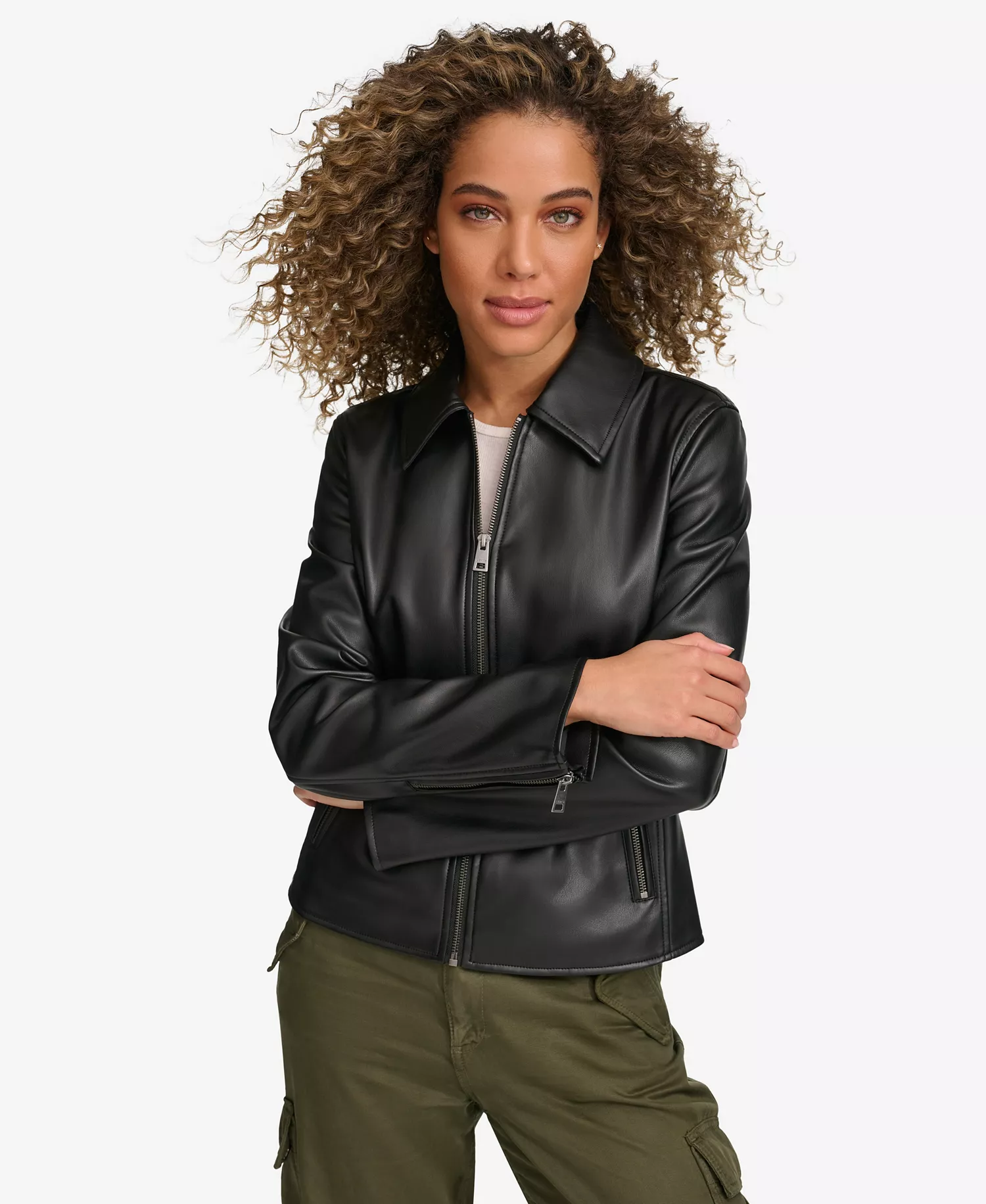 Women's Faux Leather Laydown Collar Jacket - Black - L