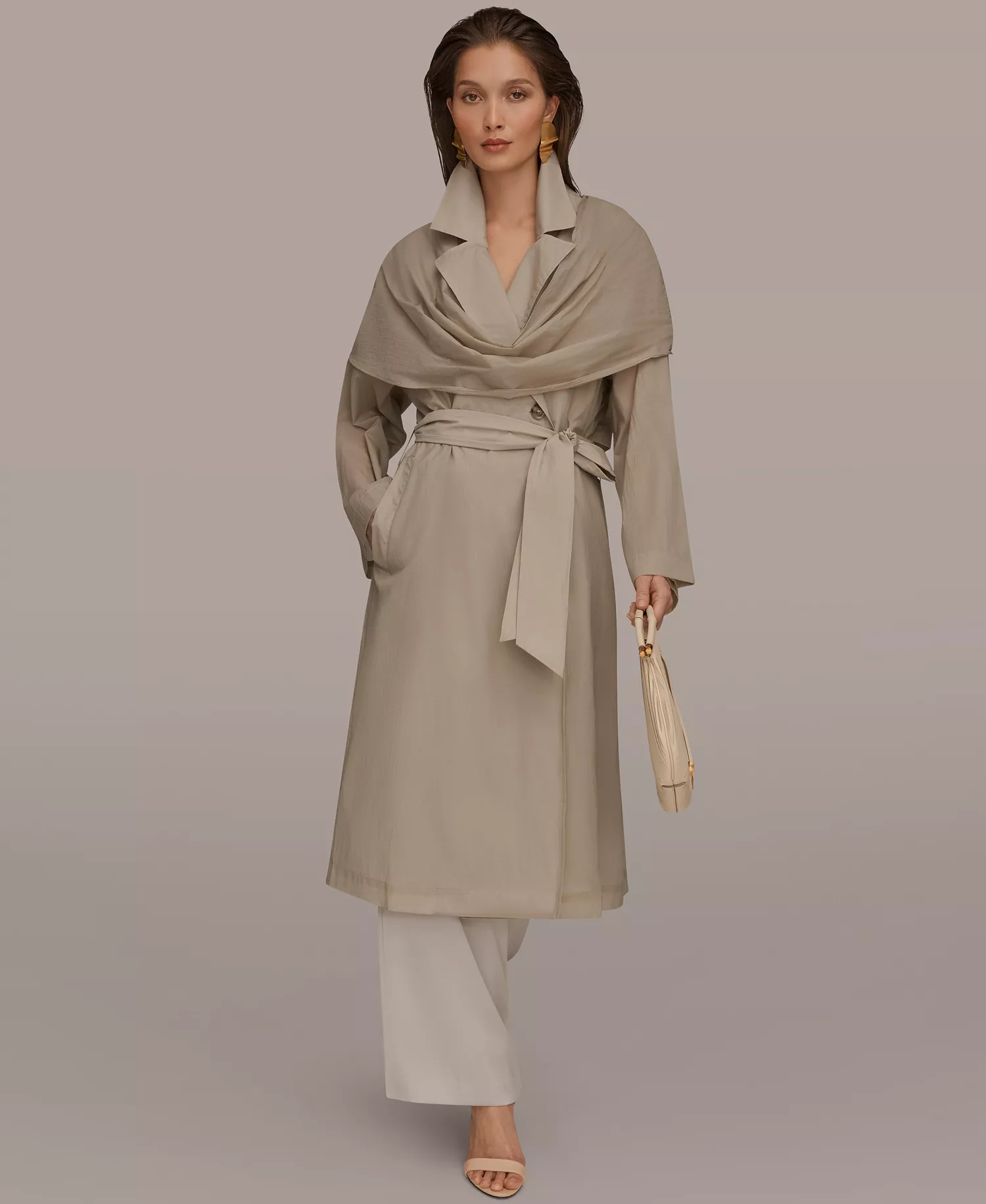 Women's Belted Collared Neck Coat - Tuscan Grey - L