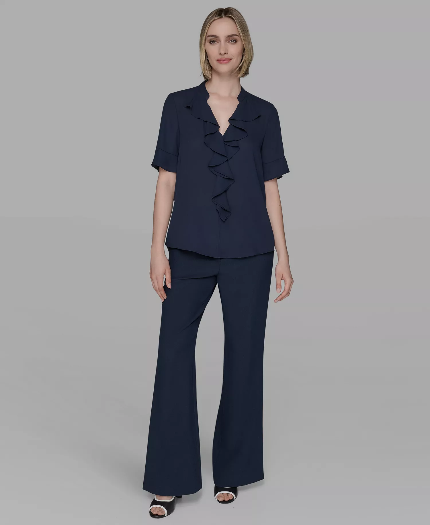 Women's V-Neck Ruffle Front Top - Navy - L