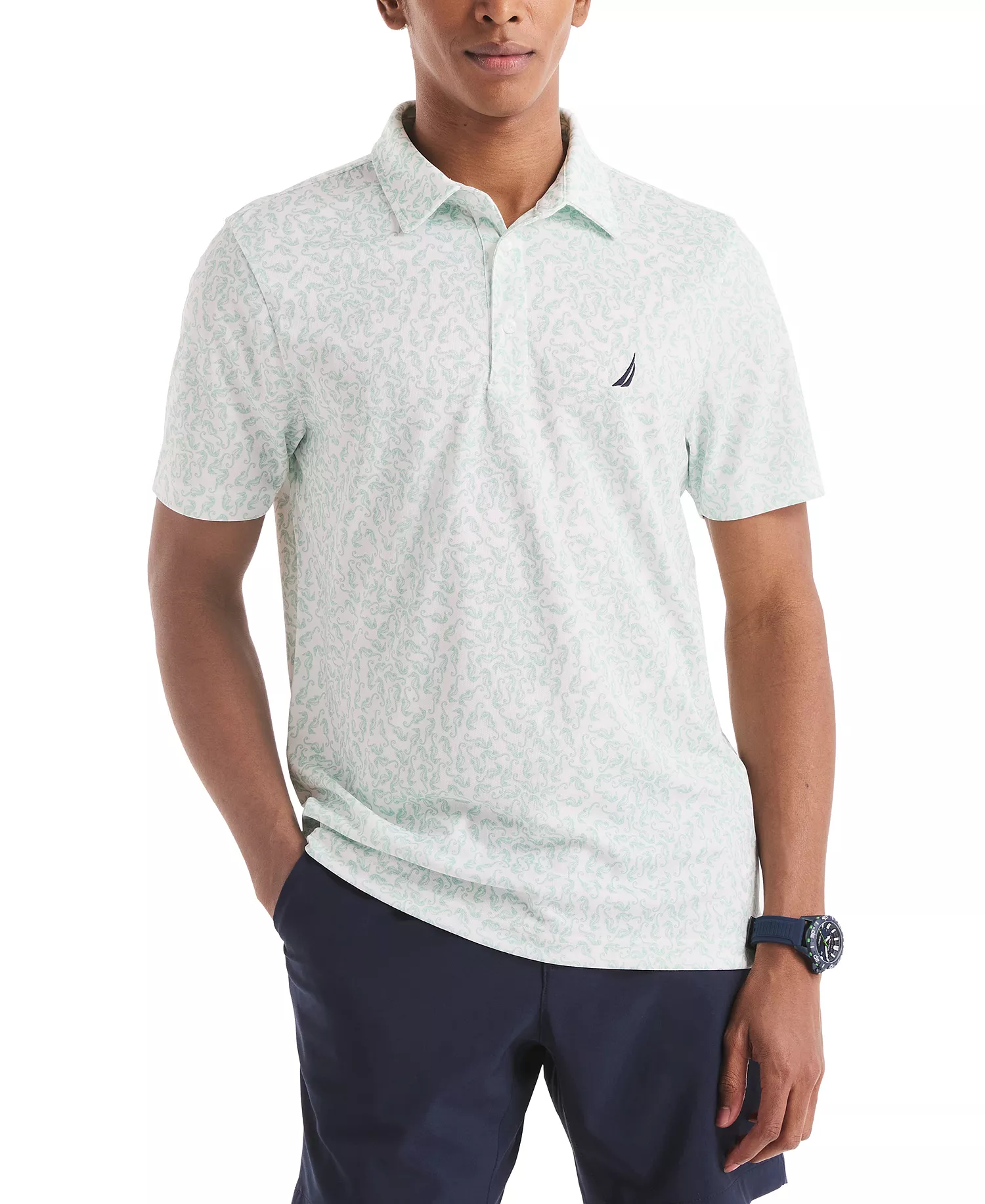 Men's Classic-Fit Seahorse-Print Birdseye Interlock Performance Golf Polo Shirt - Bright White - 2XL