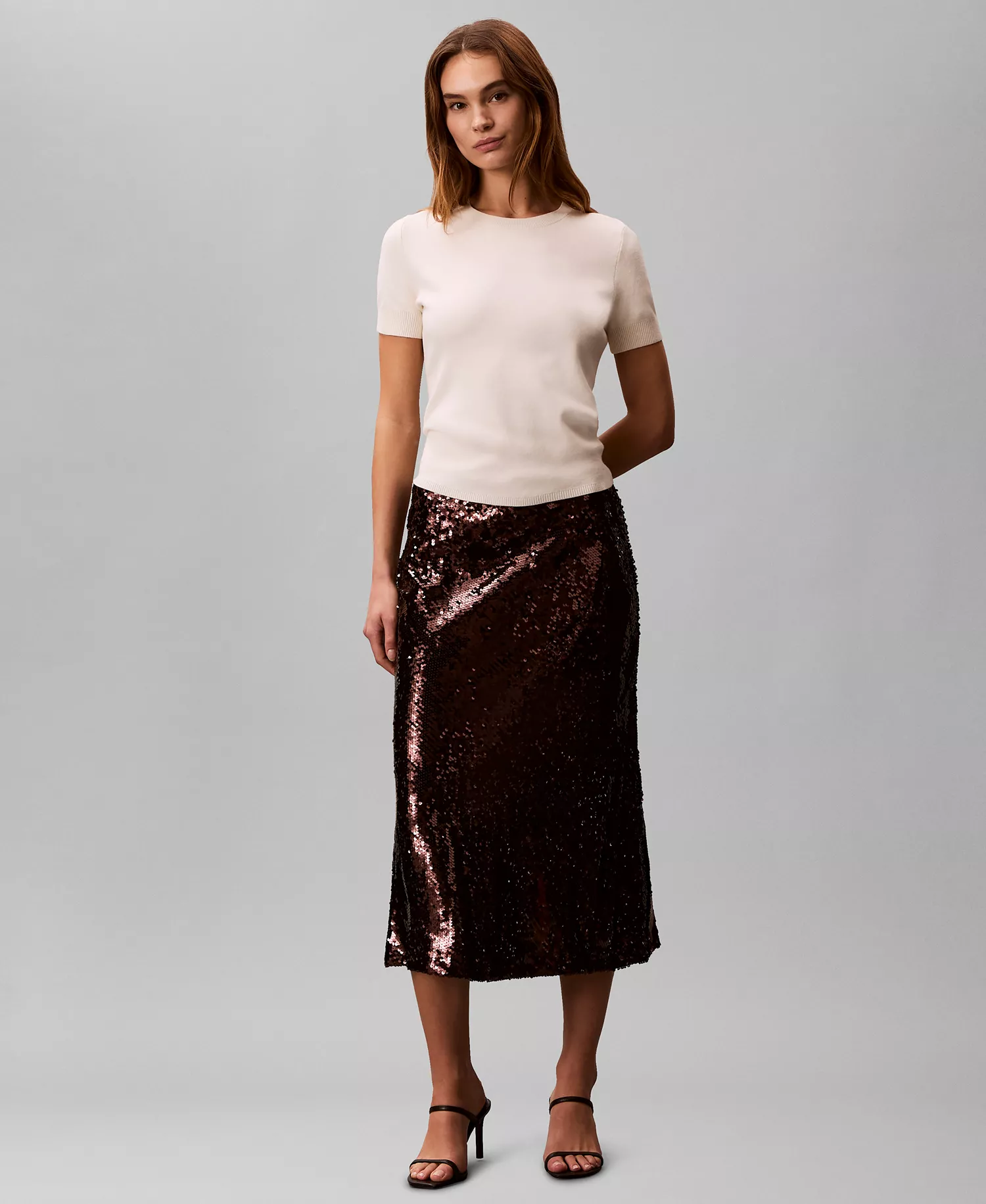Women's Sequined Midi Skirt - Mocha Brown - 10