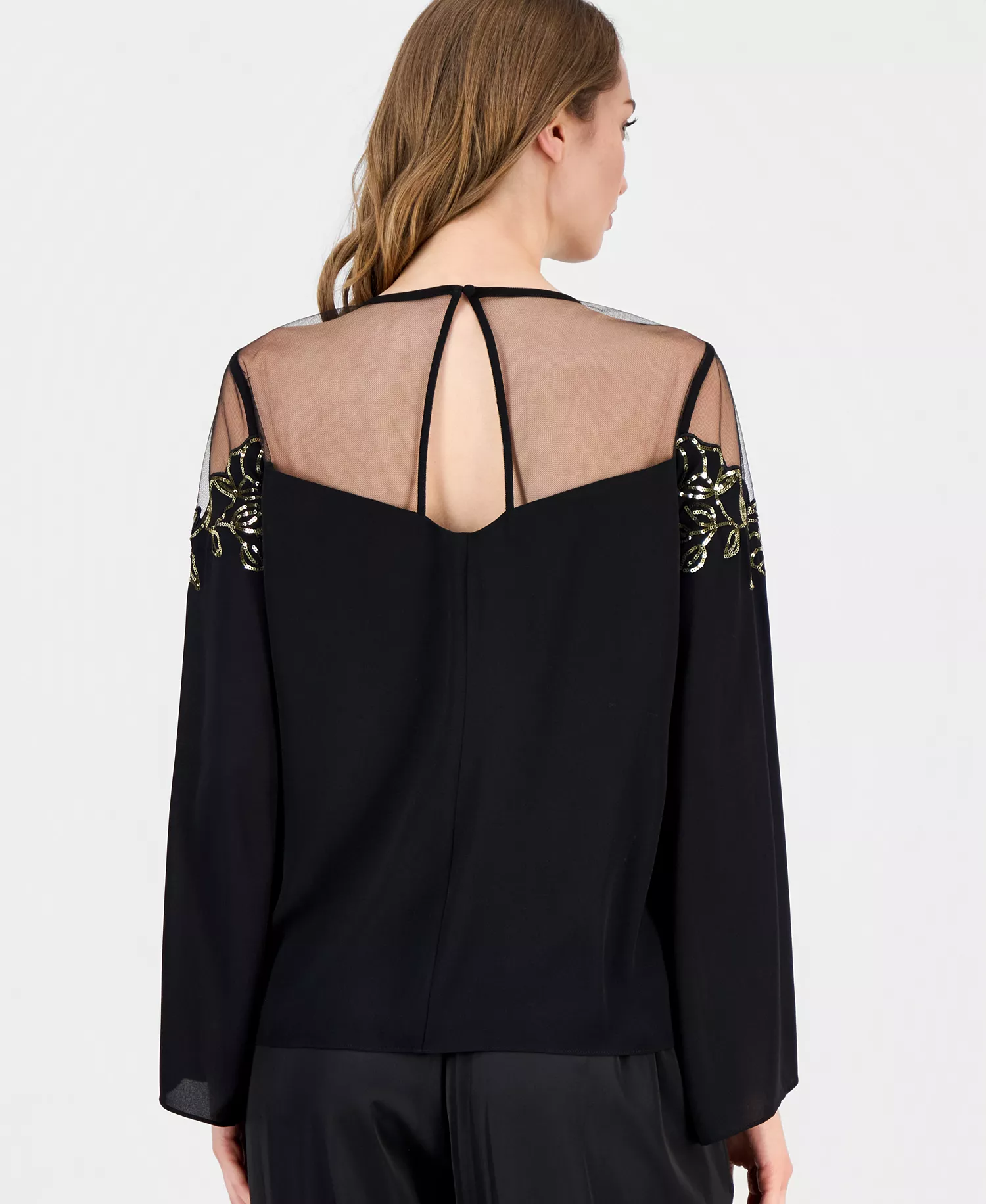 Women's Crewneck Floral Illusion Blouse - Black - M