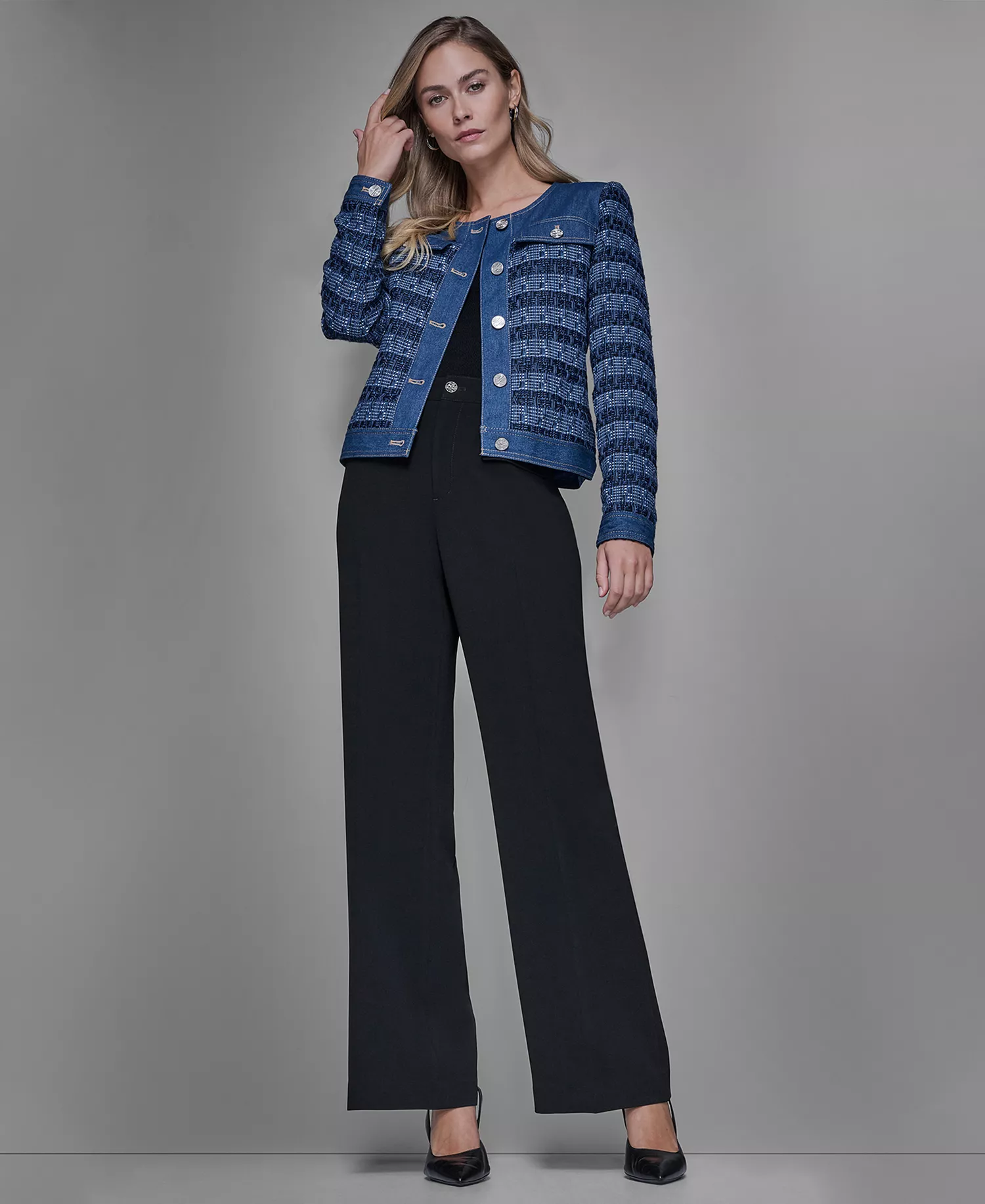 Women's Denim Tweed Crewneck Jacket - Blu Aura/french Blue Multi - P/L