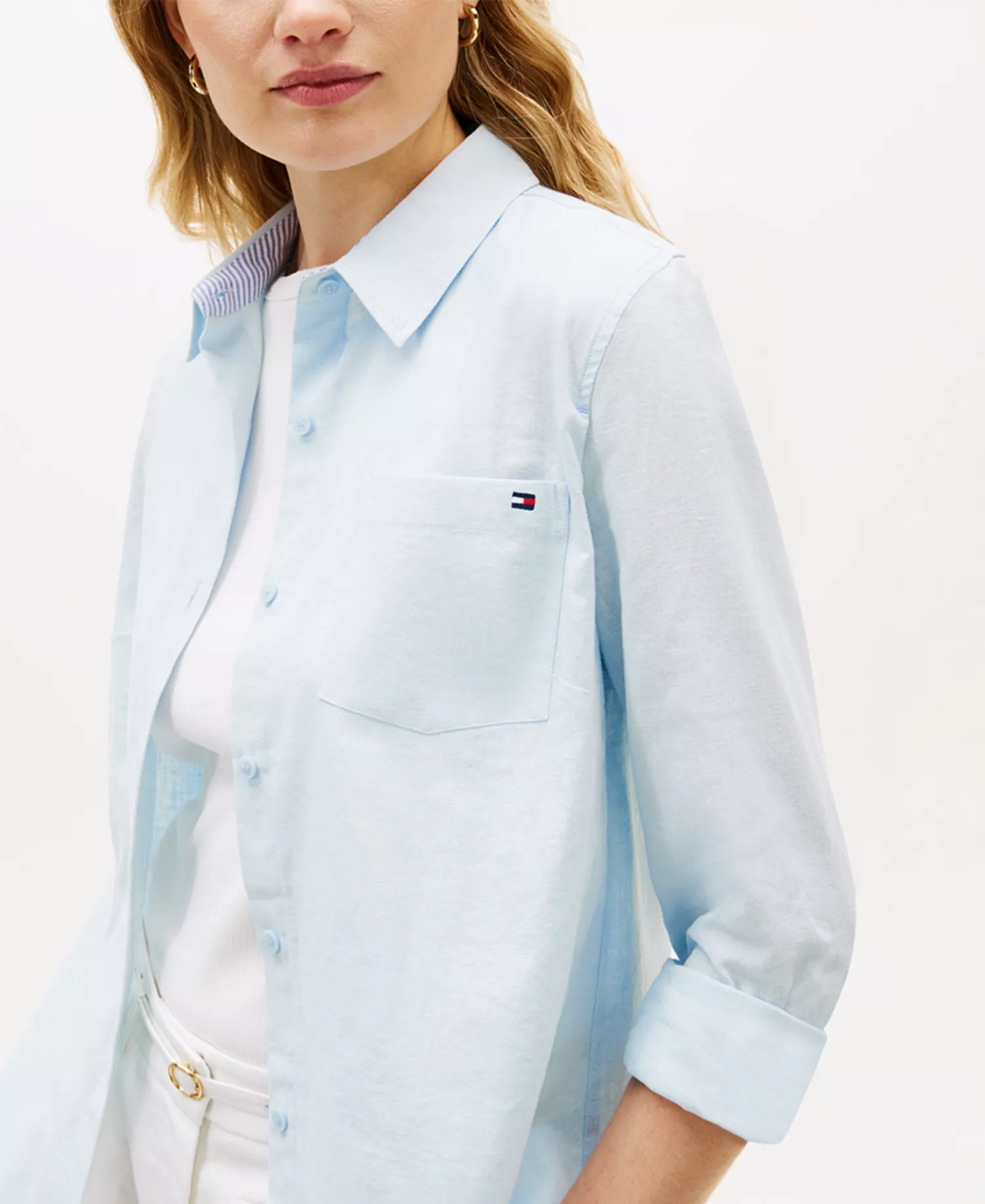 Women's Linen Roll-Tab Sleeve Collared Shirt - Breezy Blue - L