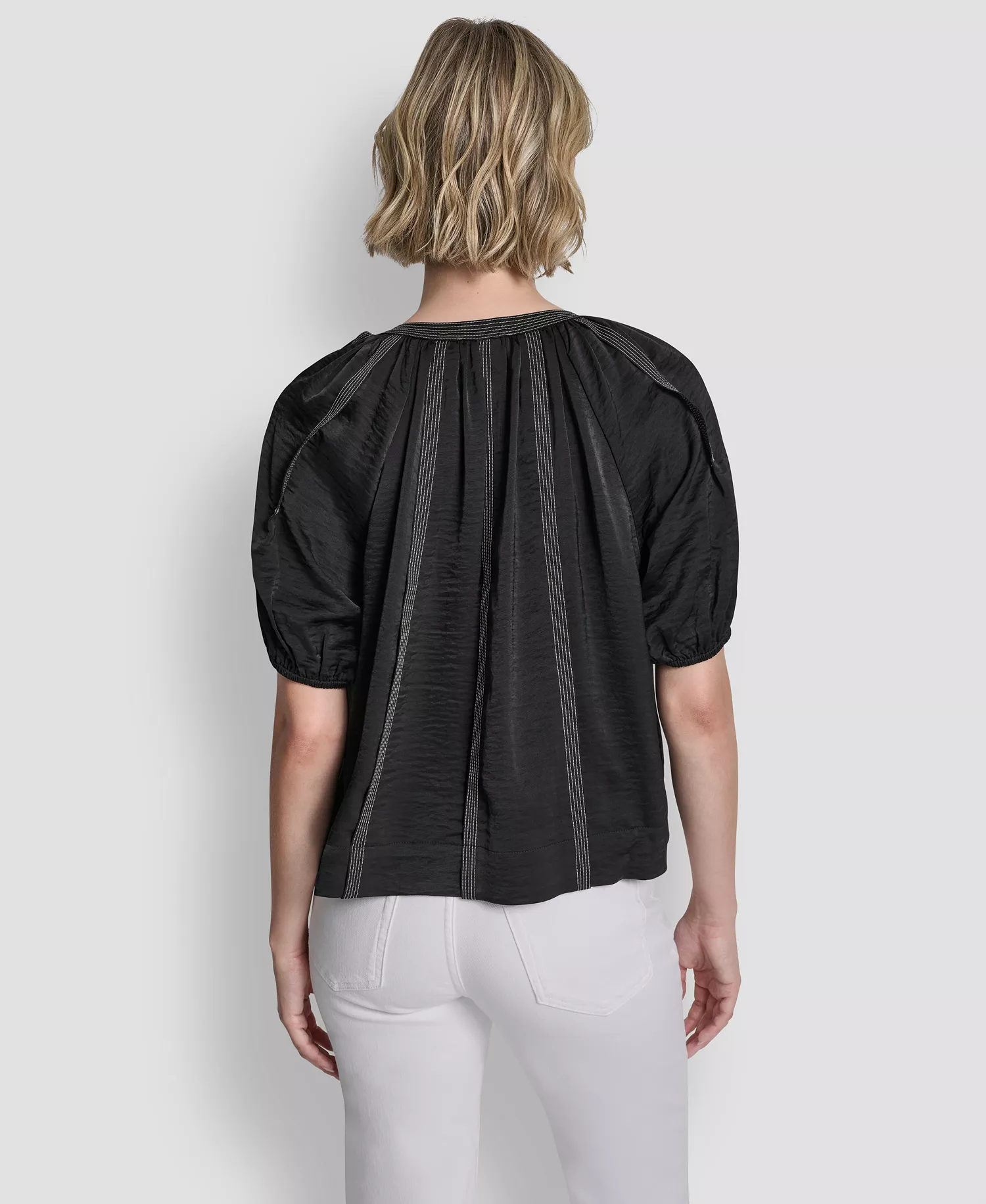 Women's Puff-Sleeve Top Stitch Tie Front Blouse - Black - L