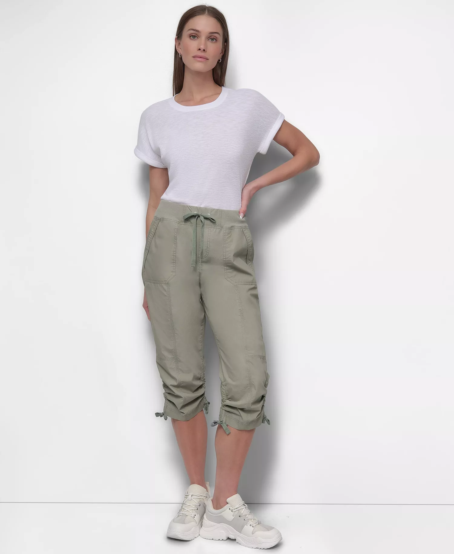 Women's Convertible Capri Cotton Poplin Cargo Pants - Bay Leaf - S