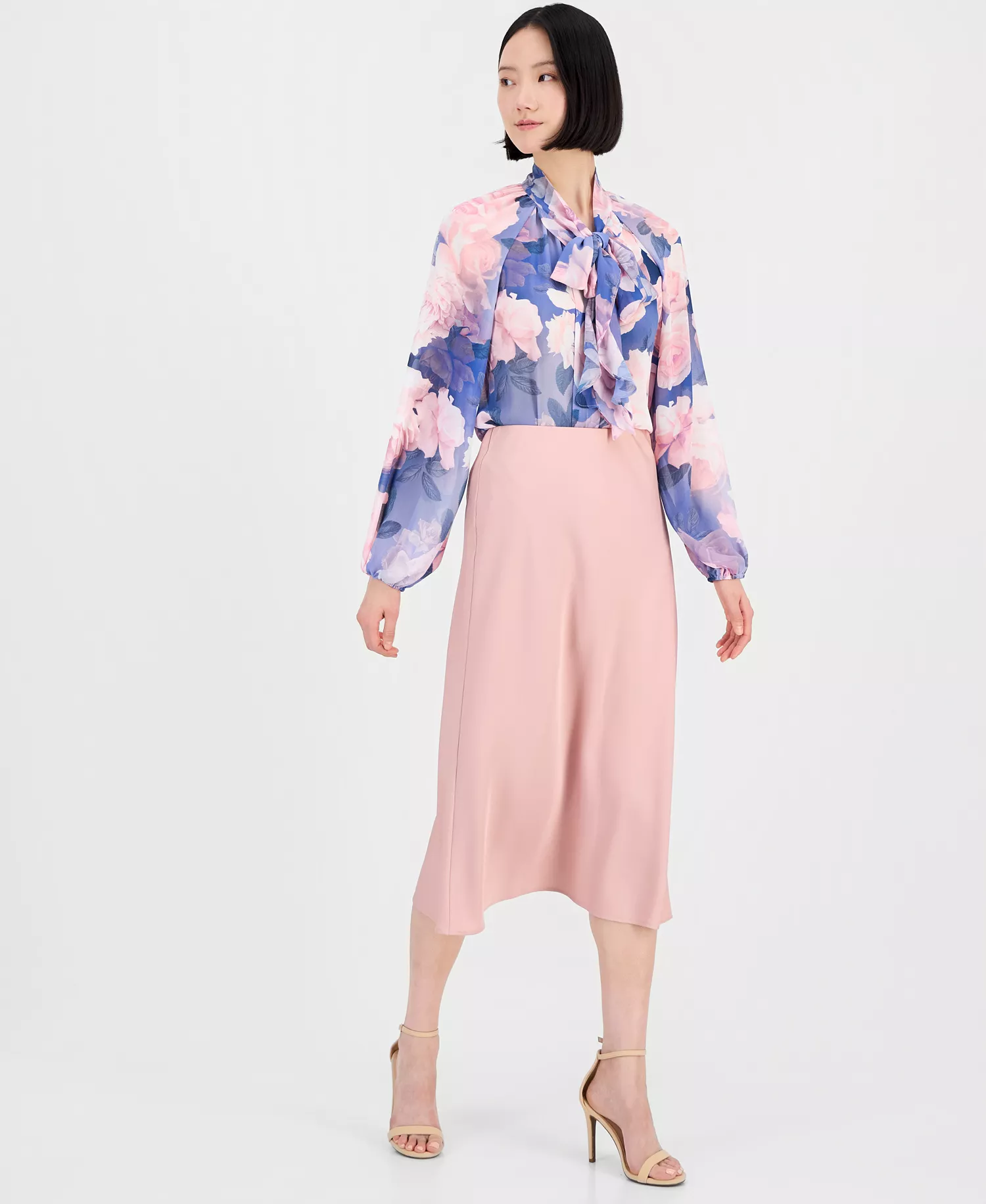 Petite Printed Ruffle Tie Blouse - Blue Petal - P/L