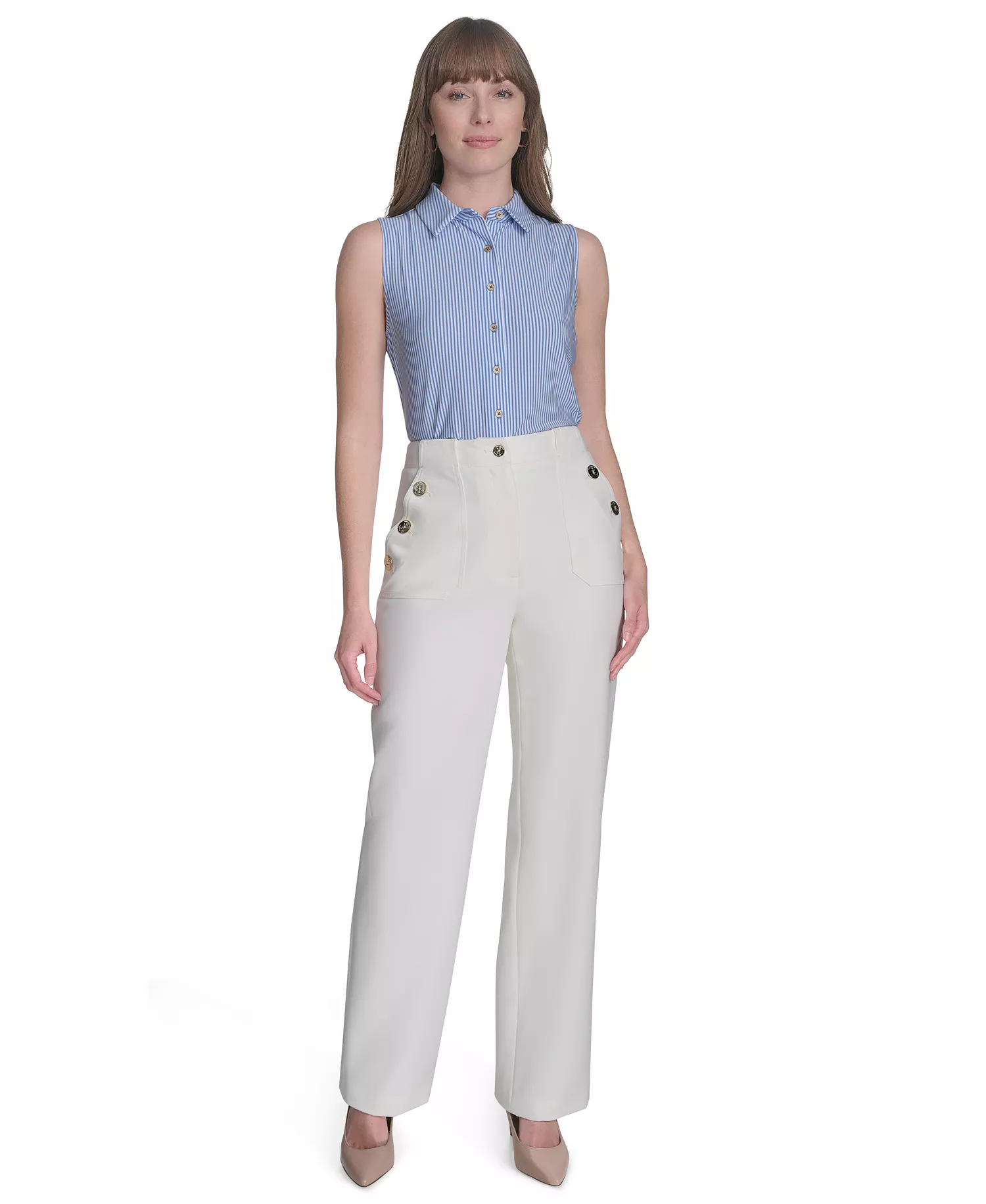 Women's Sleeveless Pinstripe Top - French Blue/Ivory - L