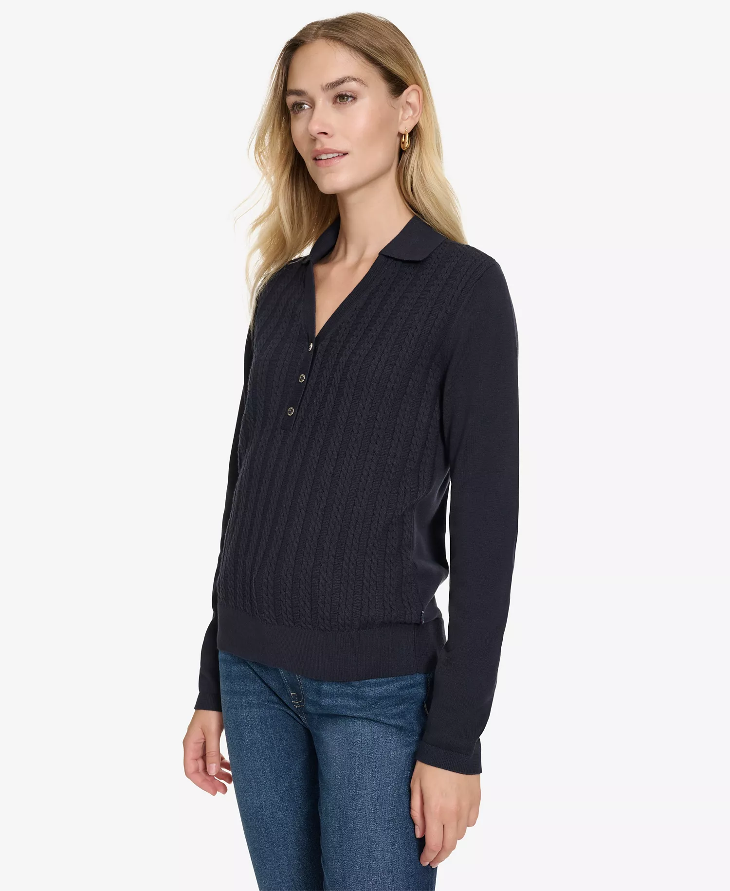Nautica Women's Solid Button V Neck Polo Sweater - Night Sky - S