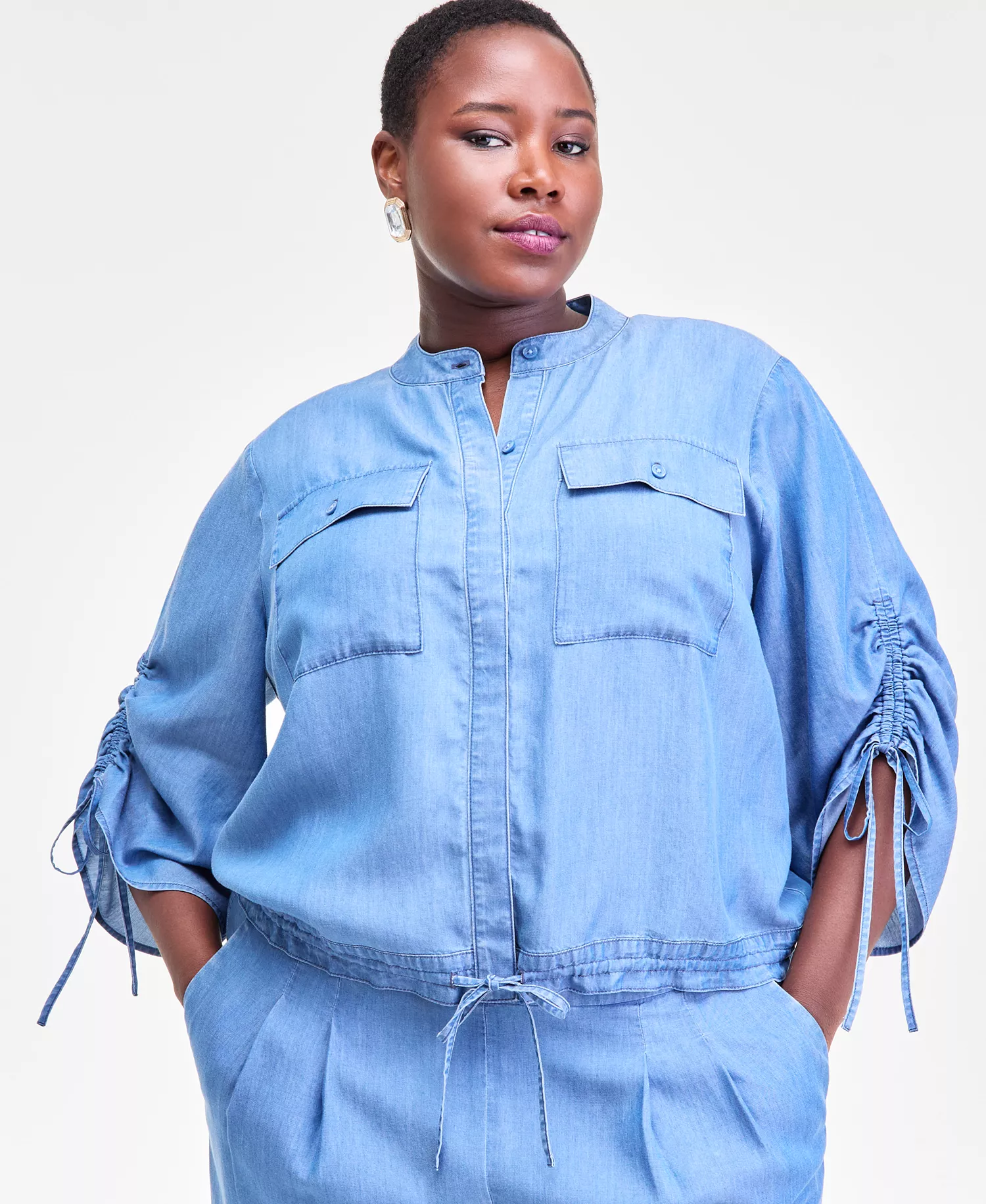 Women's Chambray Tie-Sleeve Pocket Blouse, Macy's Exclusive - Medium Indigo - 0X