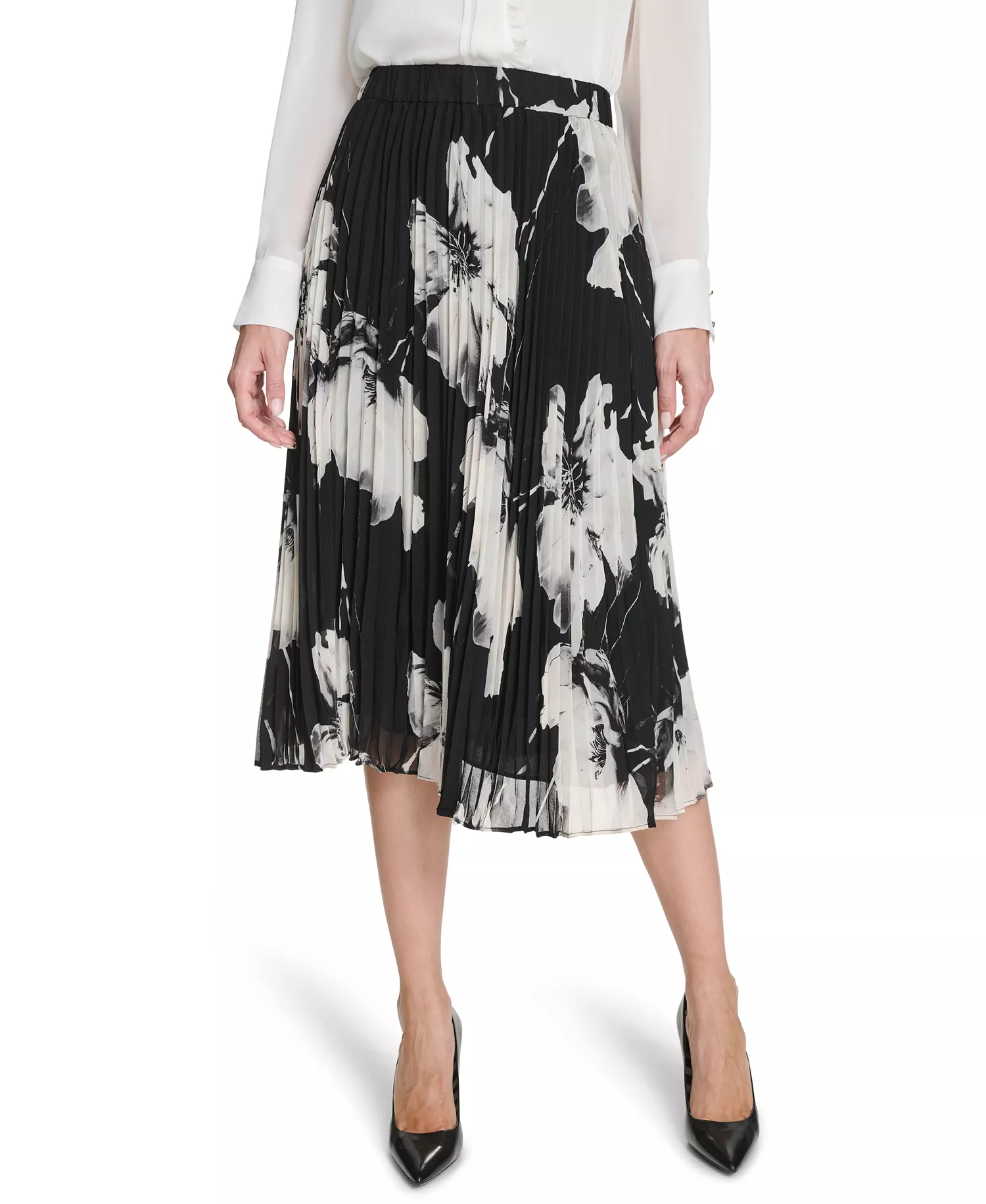 Women's Pleated Printed Midi Skirt - Black/white - 2