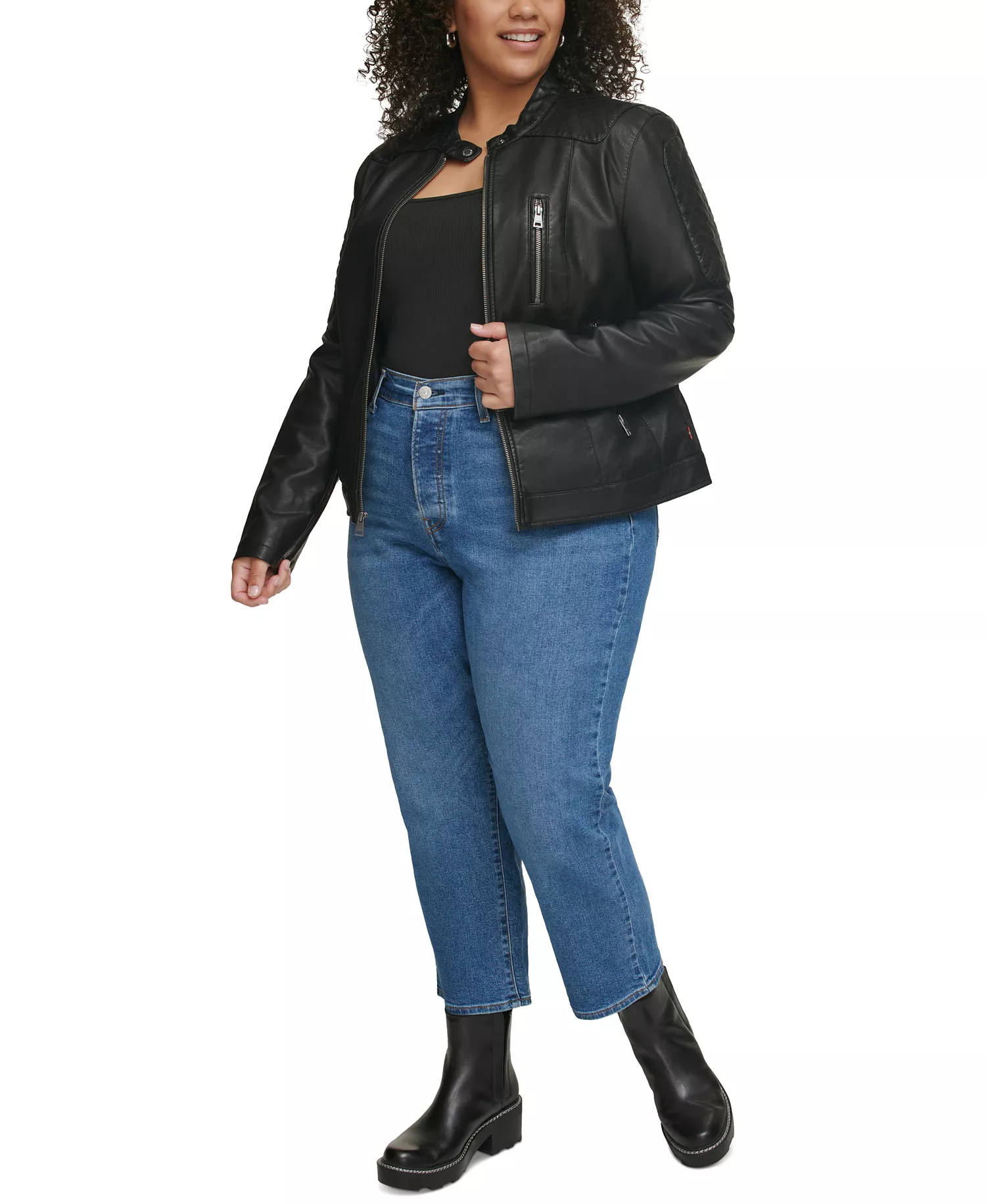 Plus Size Faux Leather Motocross Racer Jacket - Black - 1X