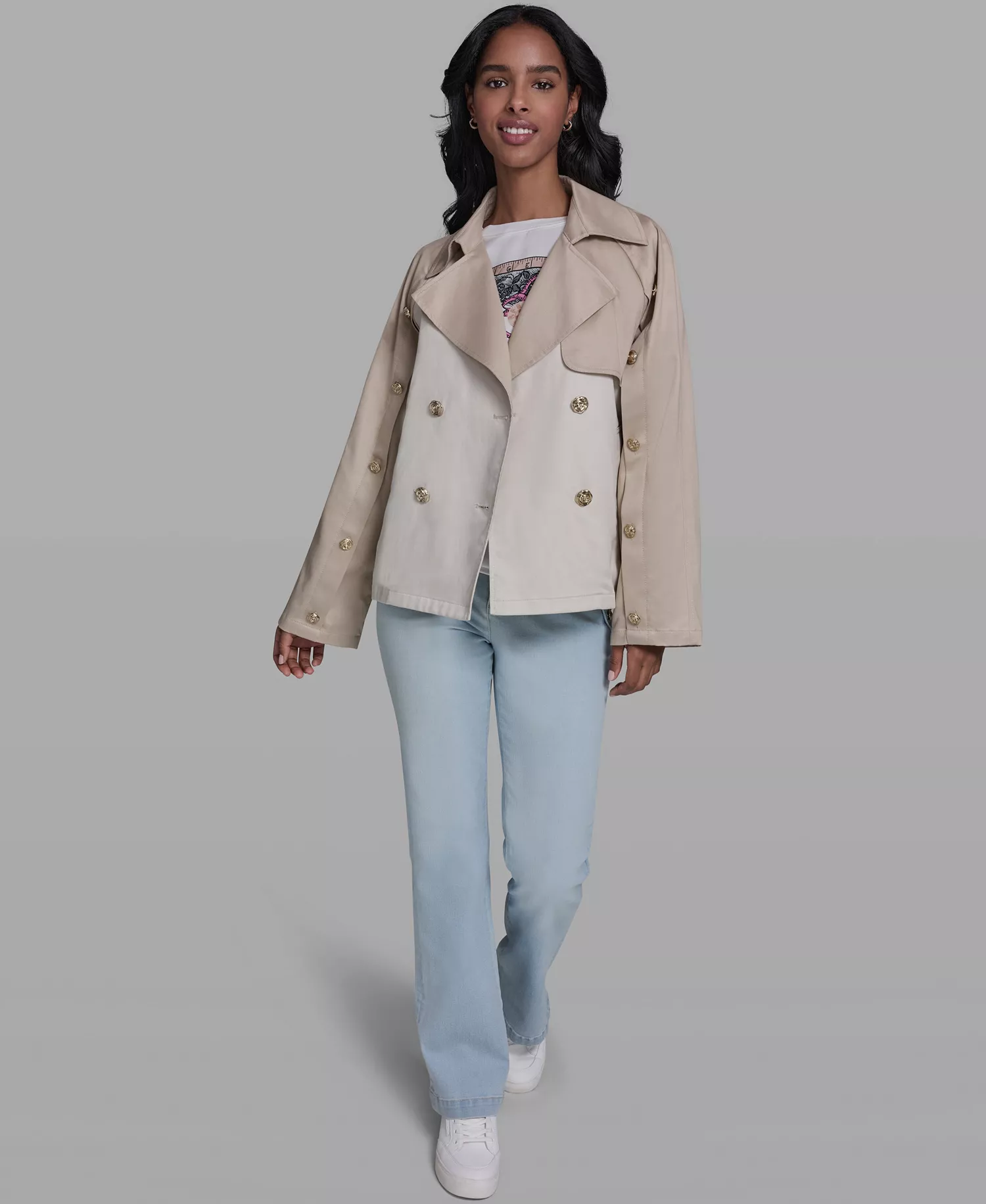 Women's Crop Trench Button-Sleeve Quilted Back Jacket - French Beige - L