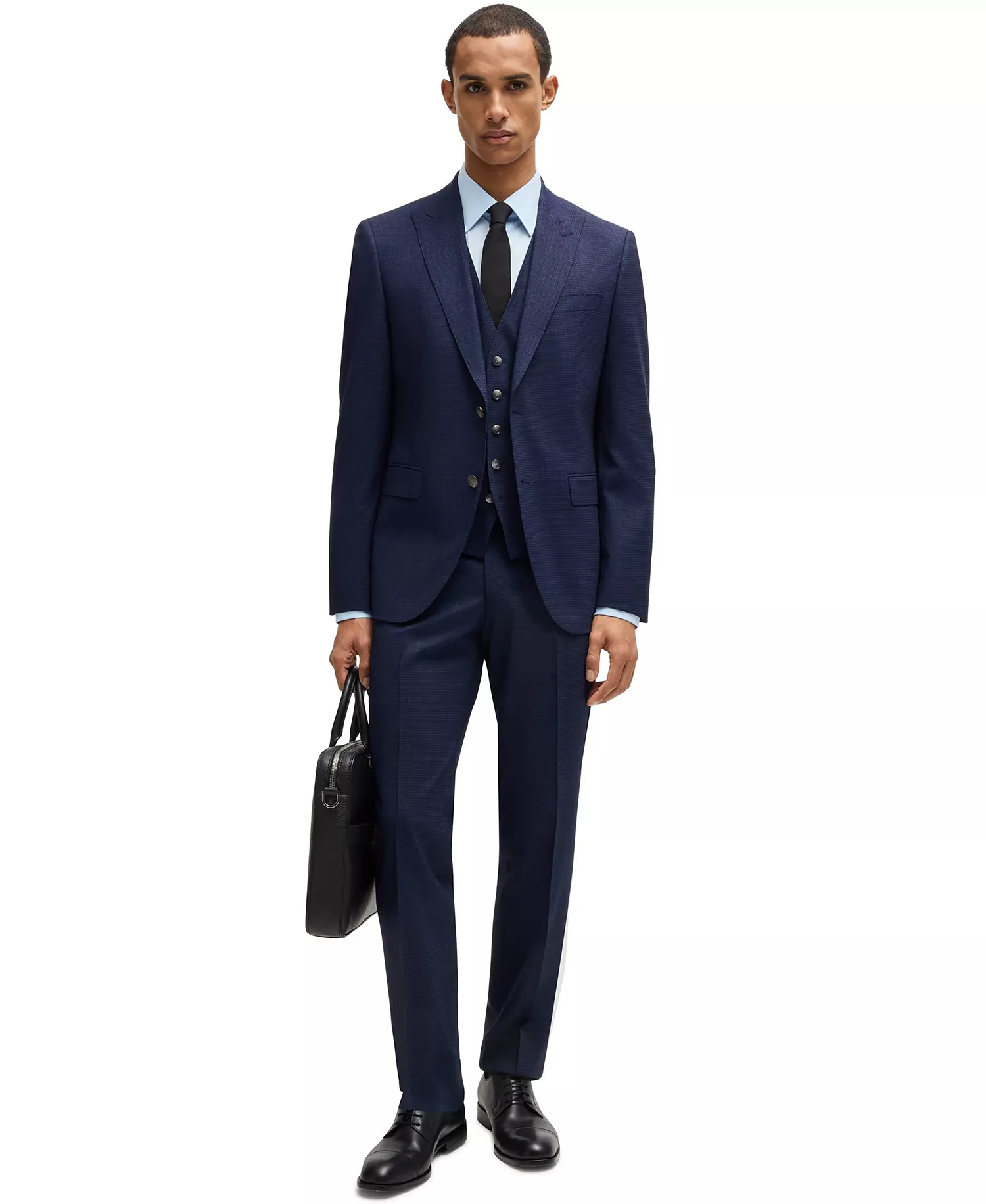 Men's Stretch Wool Regular-Fit Three-Piece Suit - Dark Blue - 38R