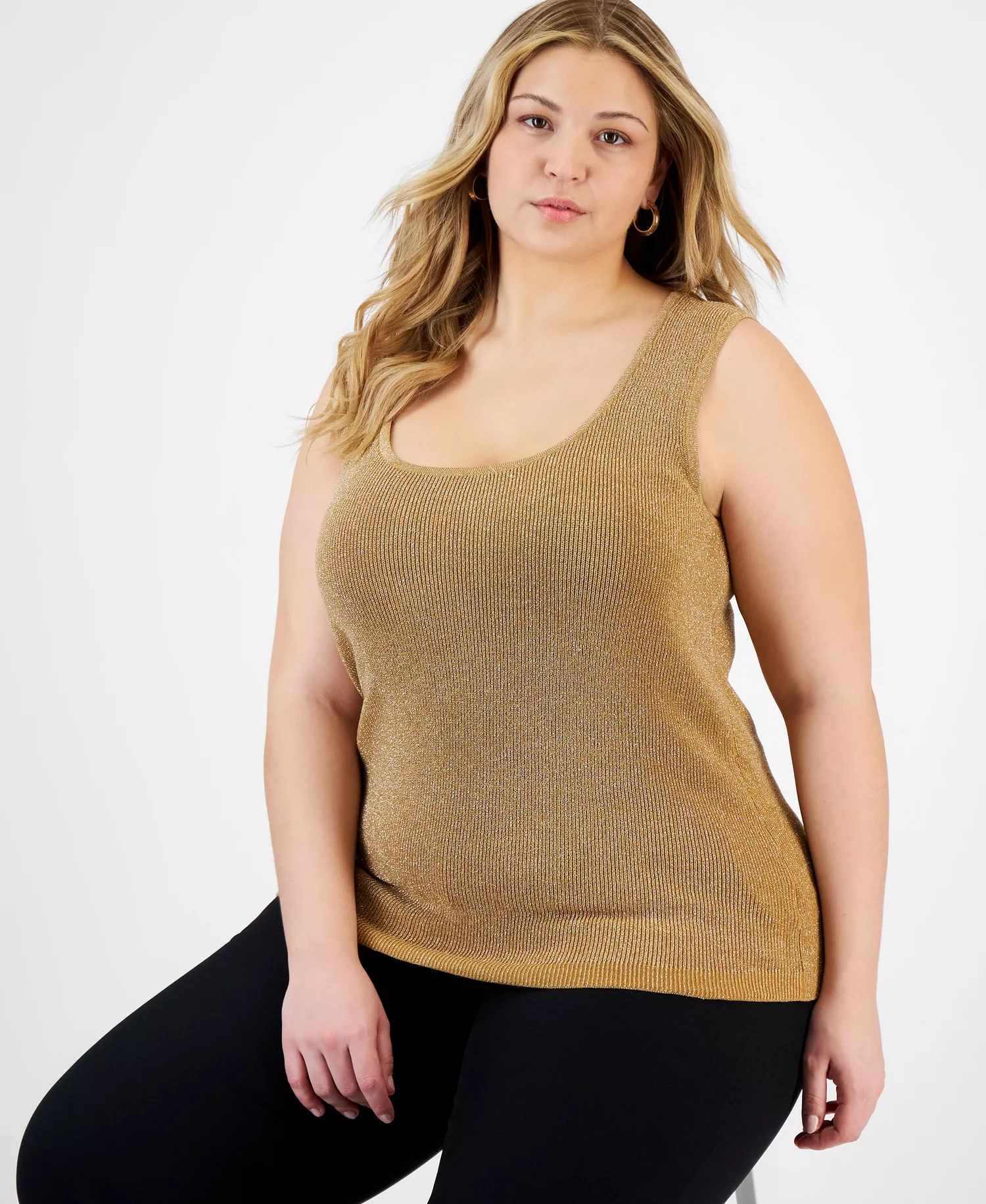 Plus Size Metallic Rib-Knit Scoop-Neck Tank  - Camel/Gold Multi - 1X