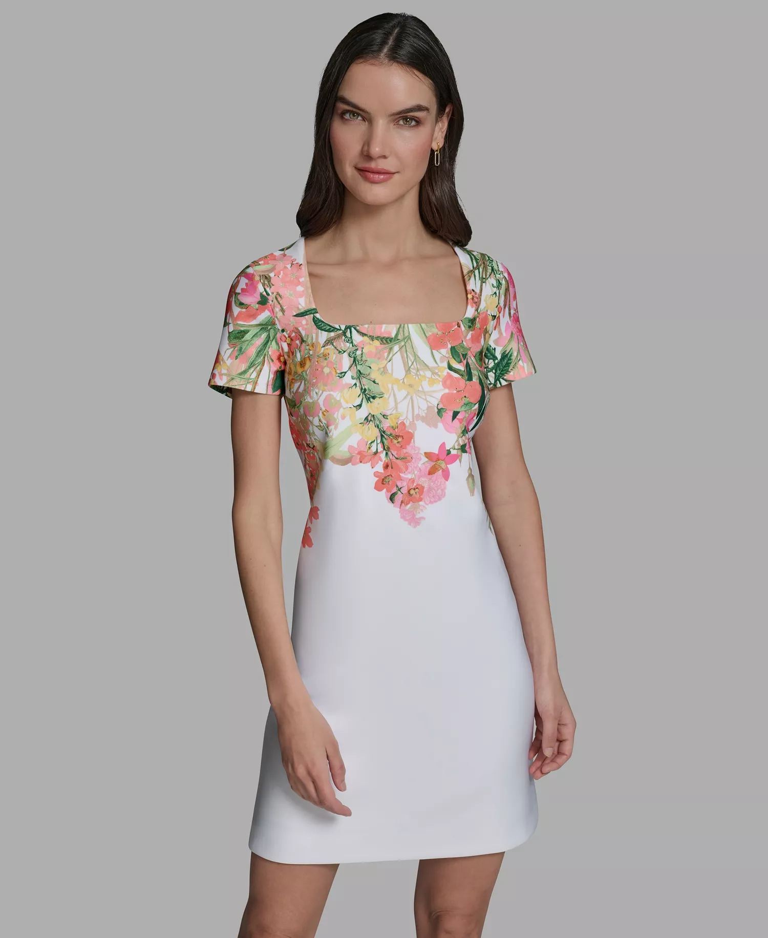 Women's Floral Border Square Neck Dress - Soft White Multi - 0