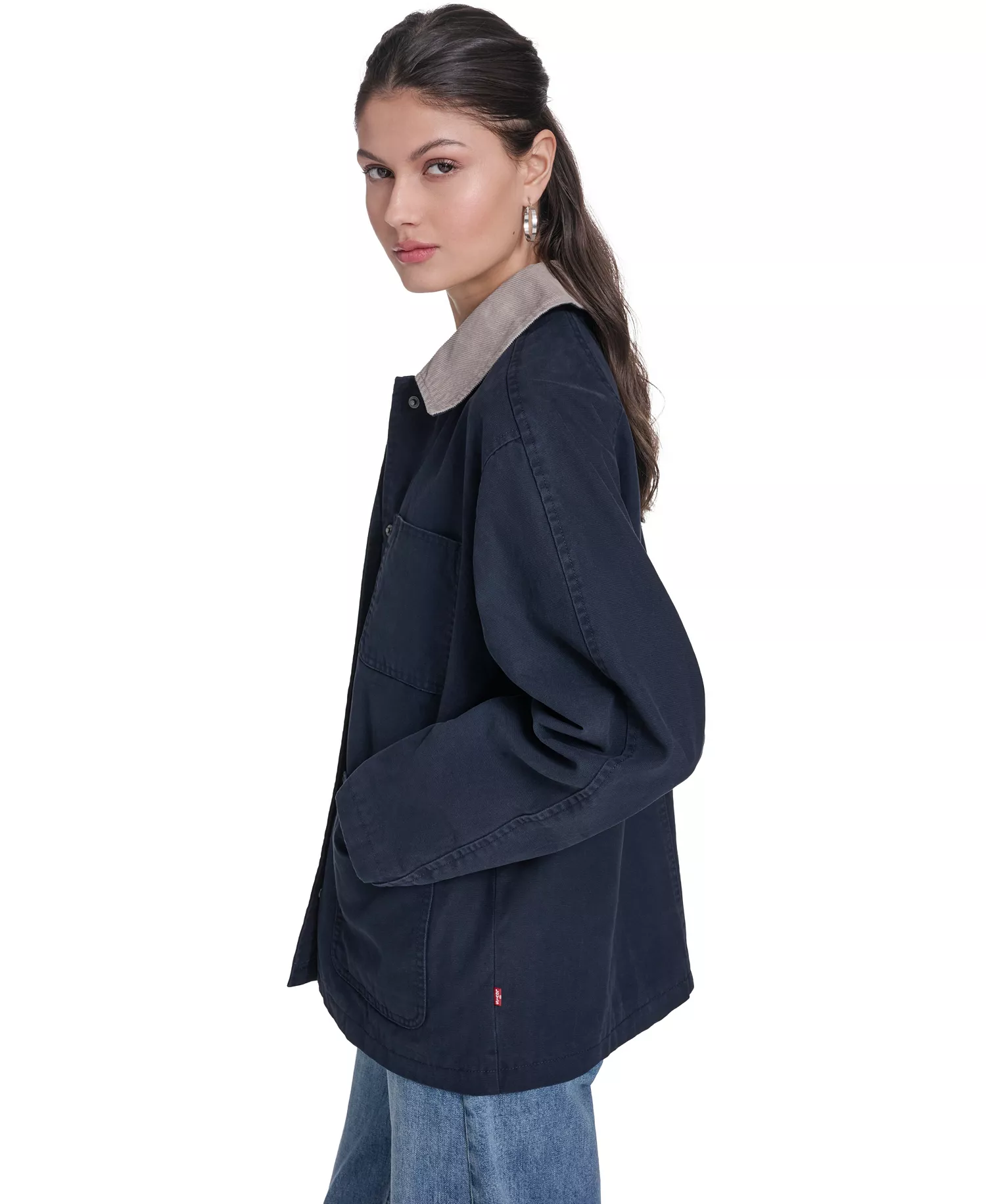 Women's Laydown Collar Jacket - Navy With Tan Collar - L