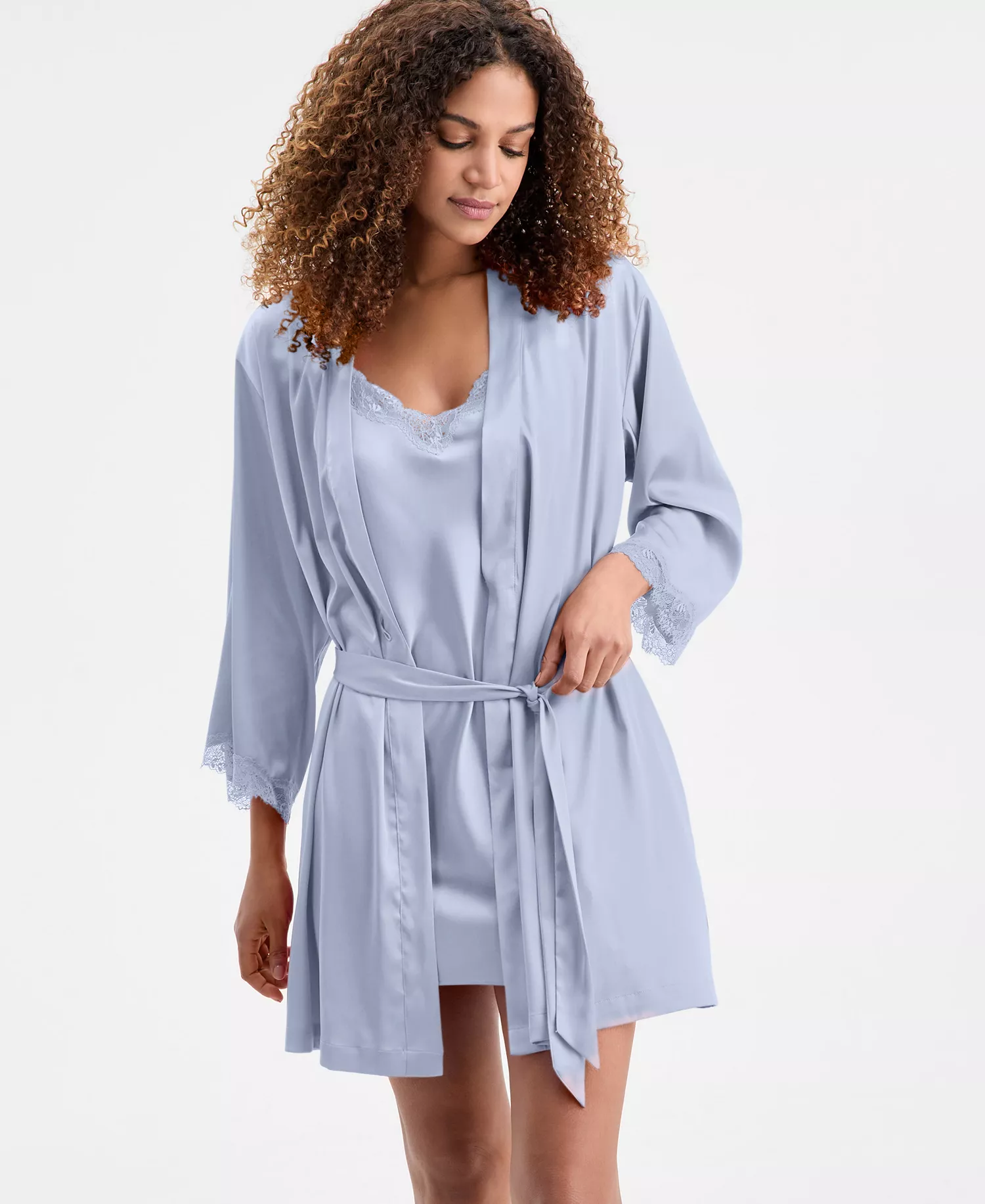 Women's Lace-Trim Stretch Satin Robe, Created for Macy's - Cielo - 1X
