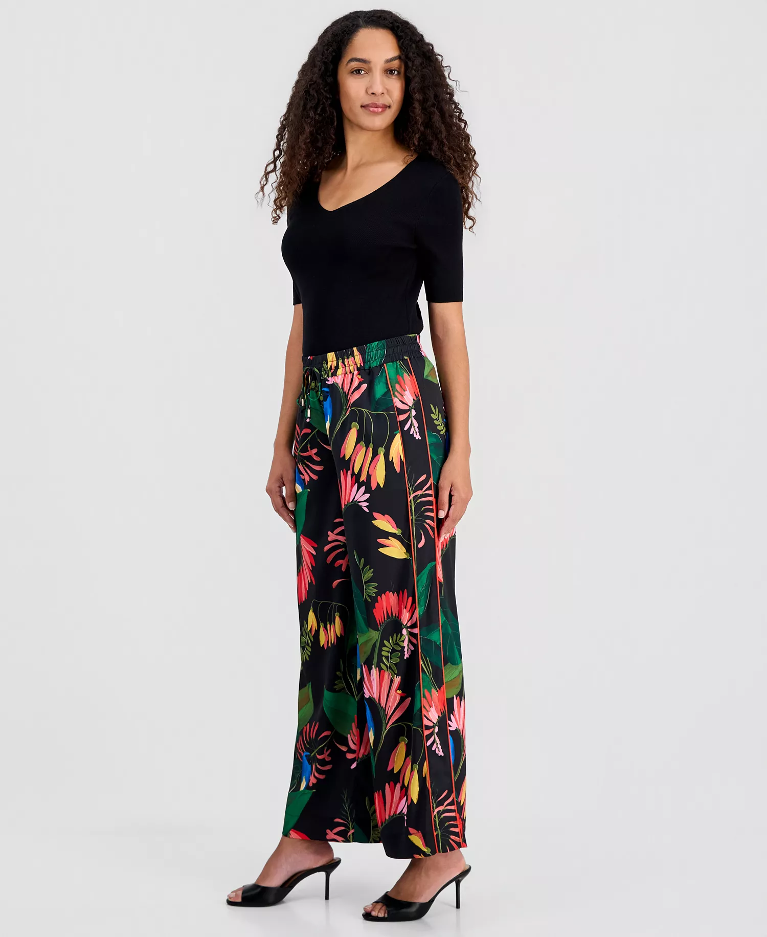 Women's Floral Wide-Leg Pull-On Pants - Tropical Wonder Print - L