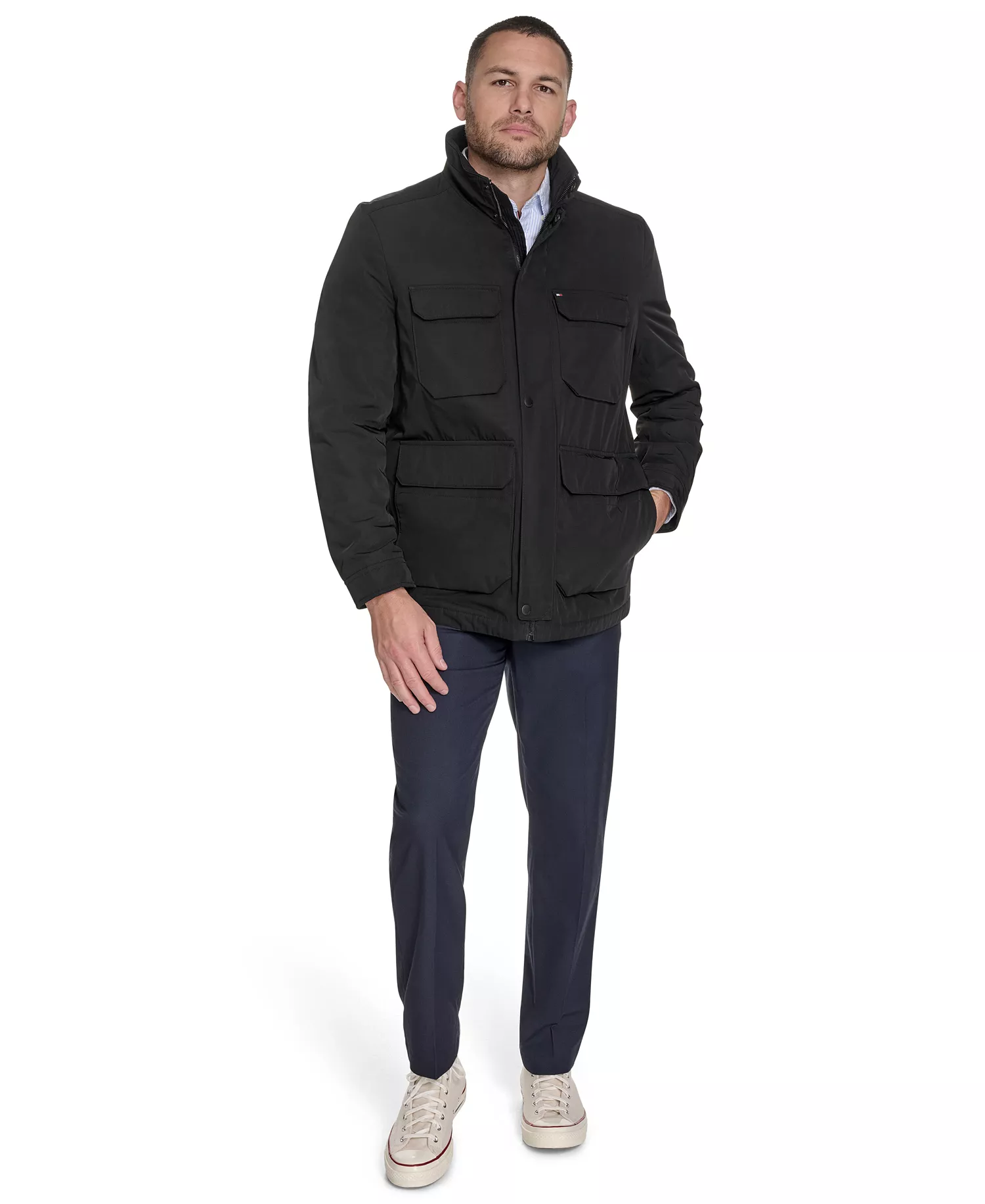 Men's Four Pocket Military-Inspired Field Jacket - Black - 2XL