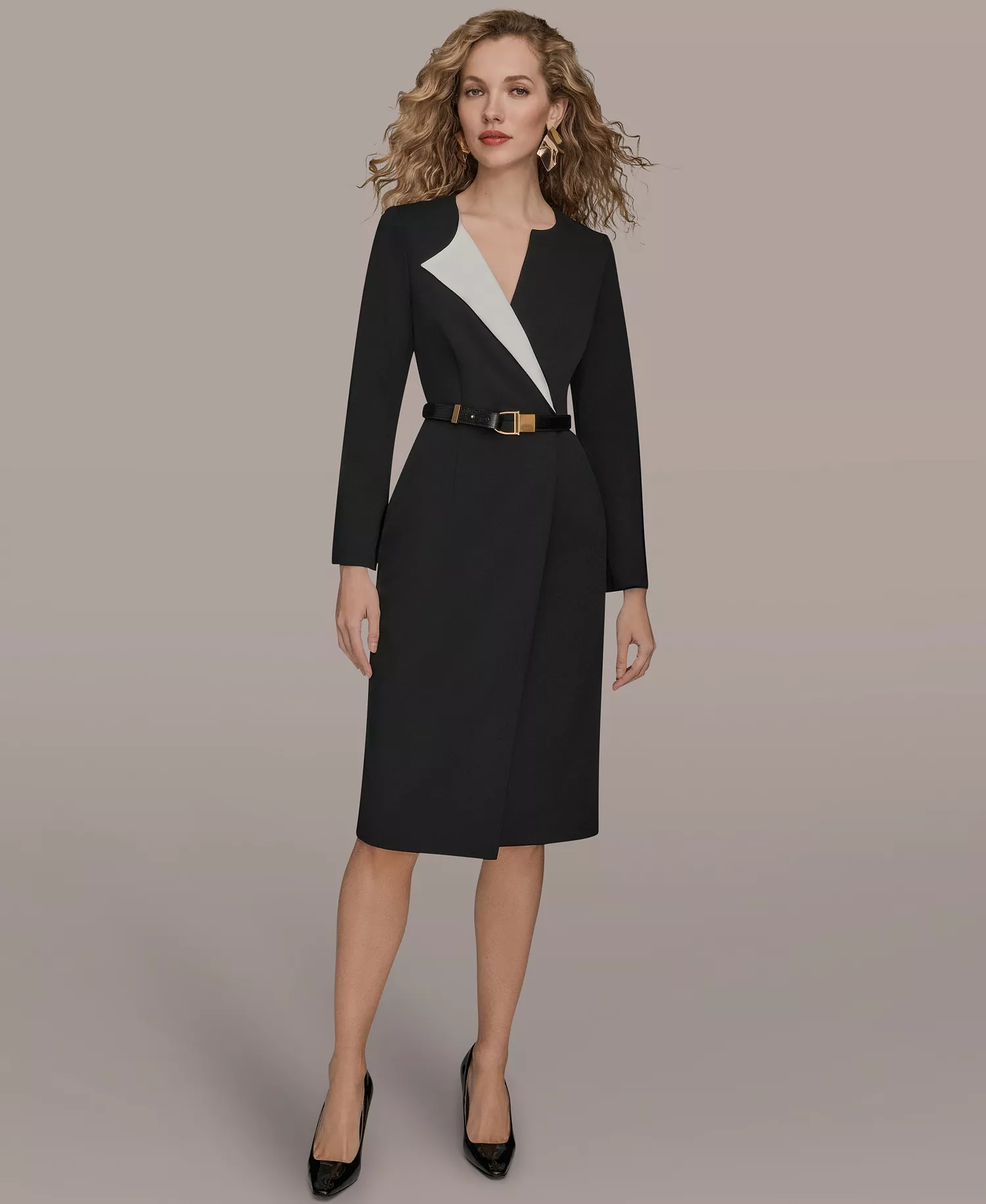 Women's Long-Sleeve Belted Midi Dress - Black - 10