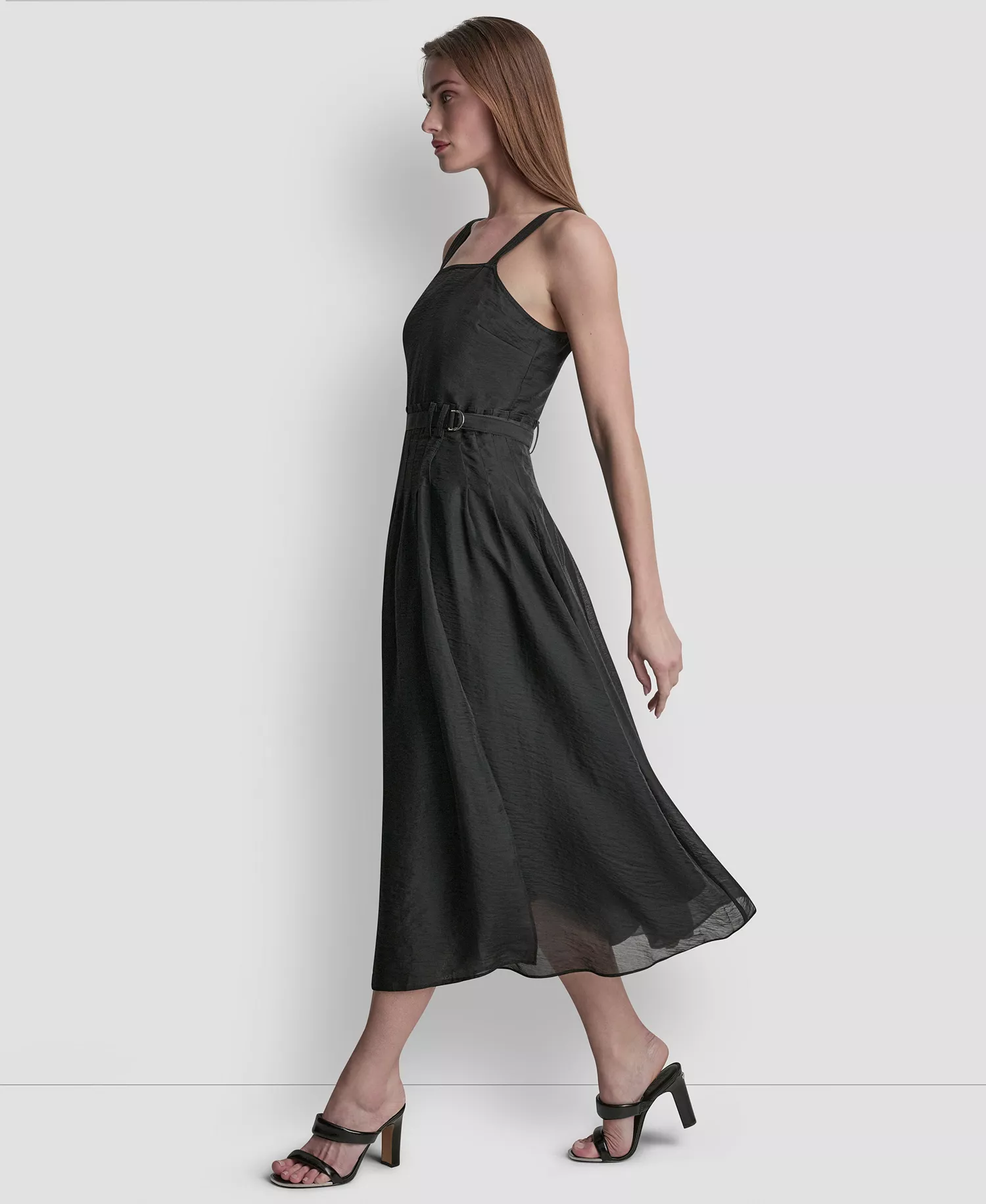 Women's Square Neck Sleeveless Midi Dress - Black - L