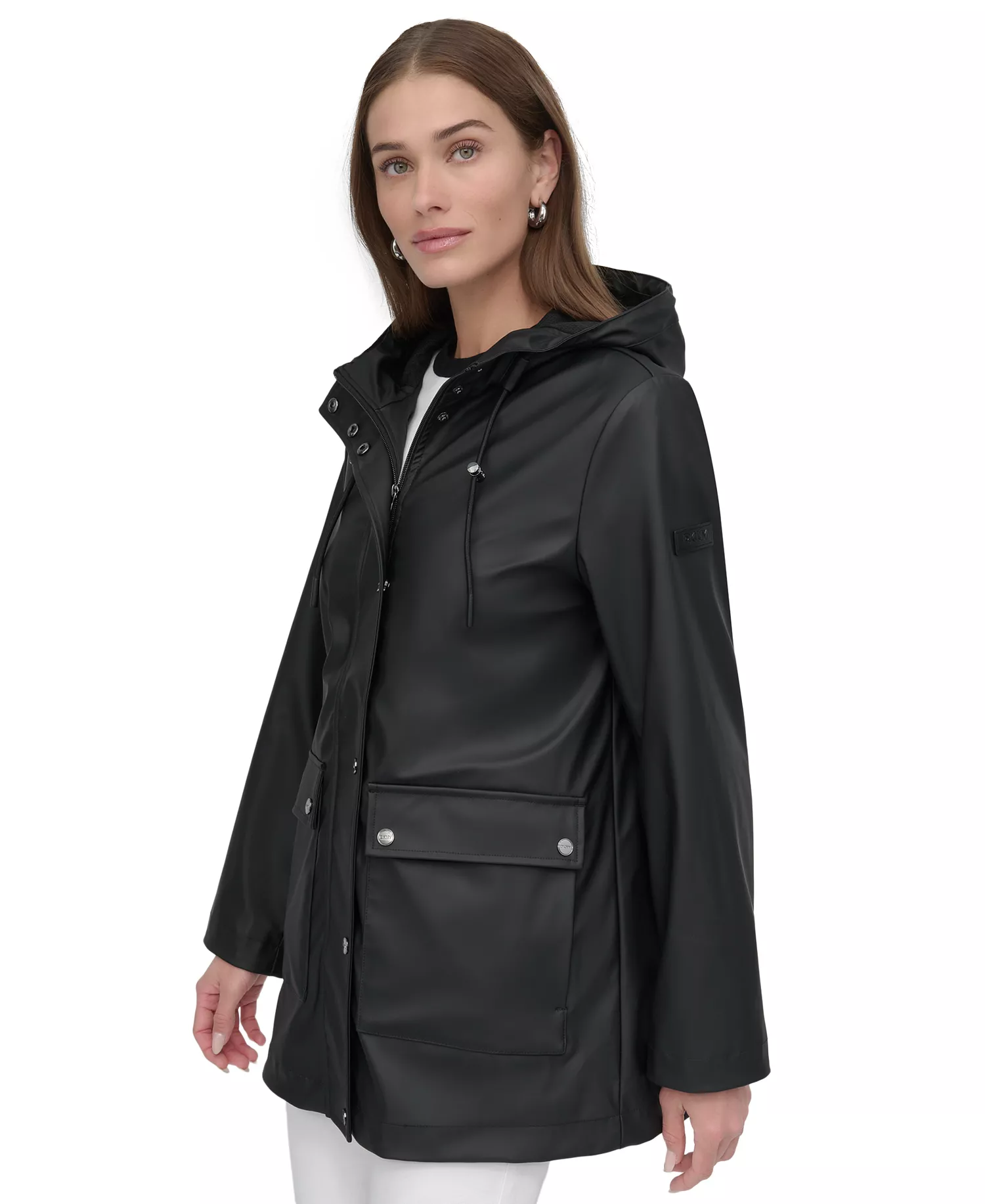 Women's Hooded Zip-Front Water-Resistant Raincoat - Black - S
