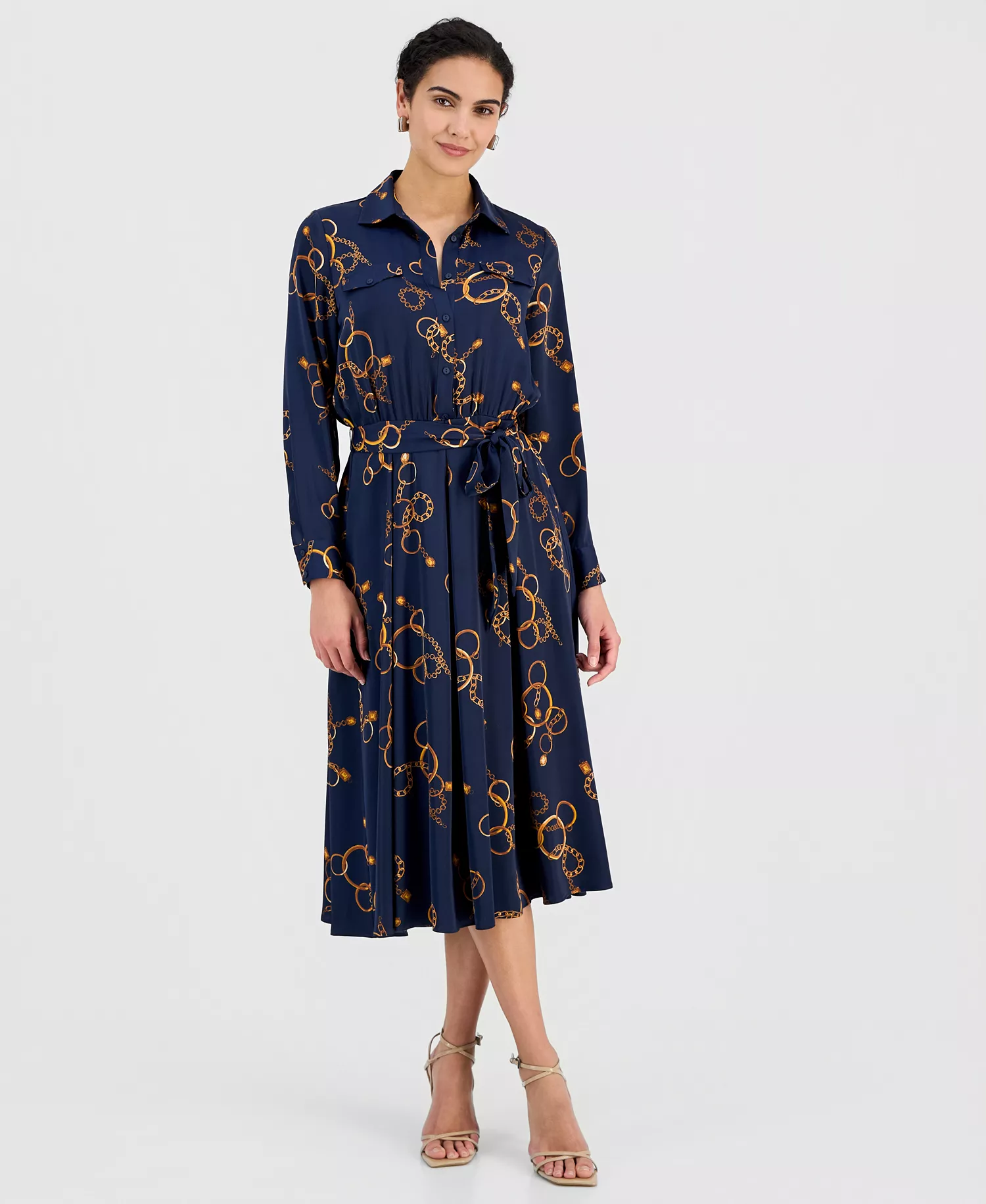 Women's Printed Belted Midi Dress - Golden Bracelet Print - M
