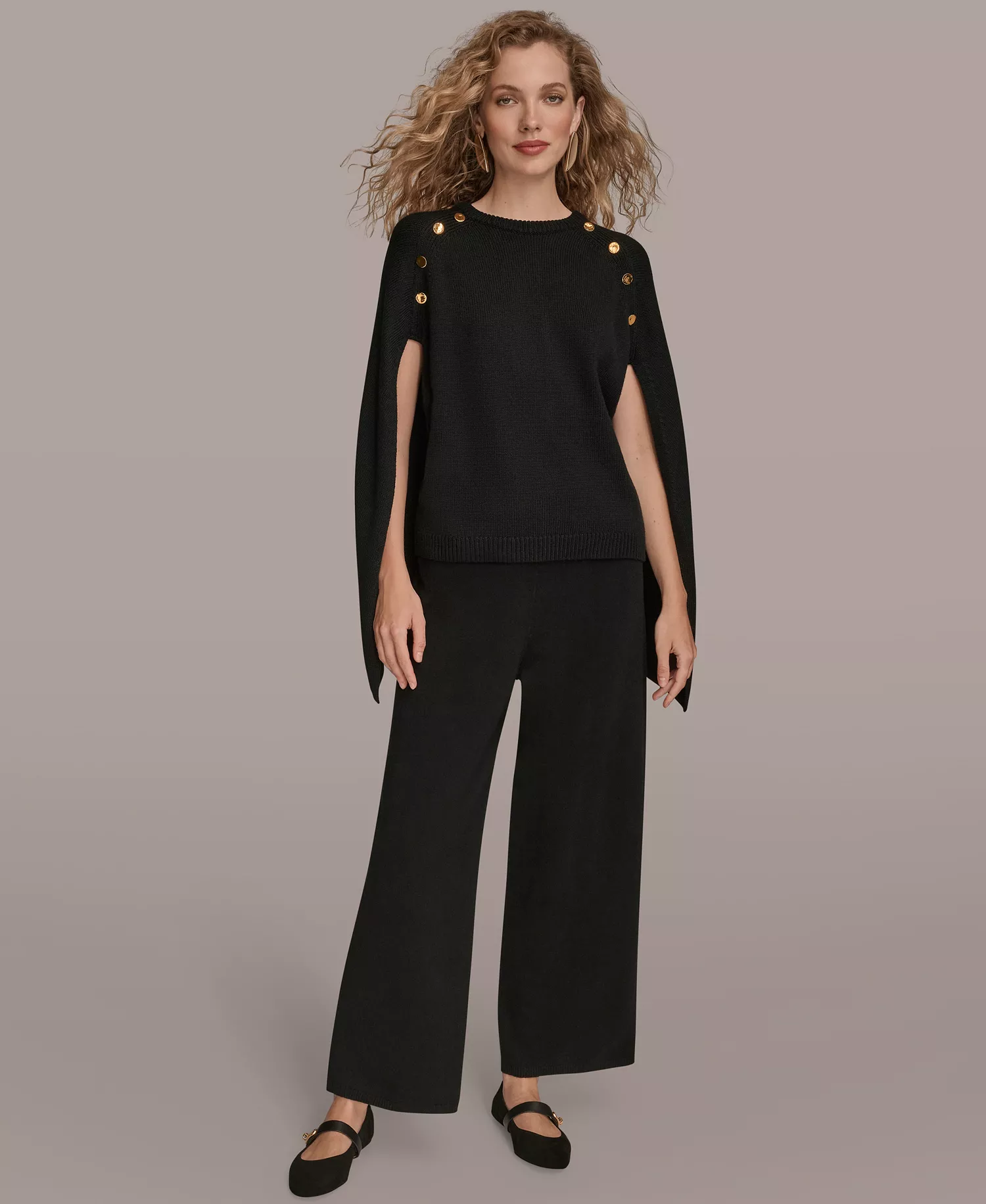 Women's Button Detail Poncho Sweater - Chocolate Plum - XL