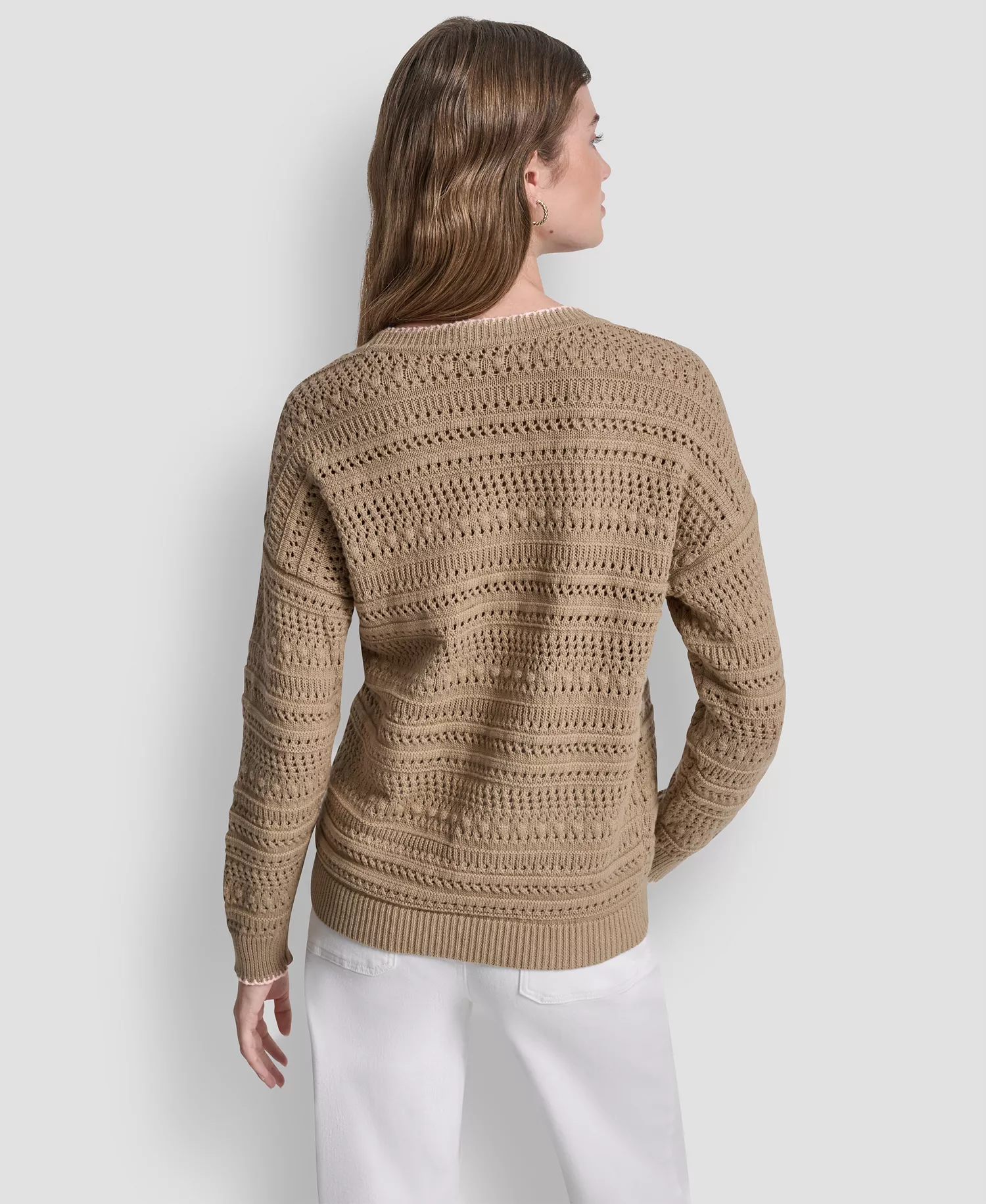 Women's Crew Neck Long-Sleeve Tipped Pointelle Sweater - Travertine/peach Spritz - L