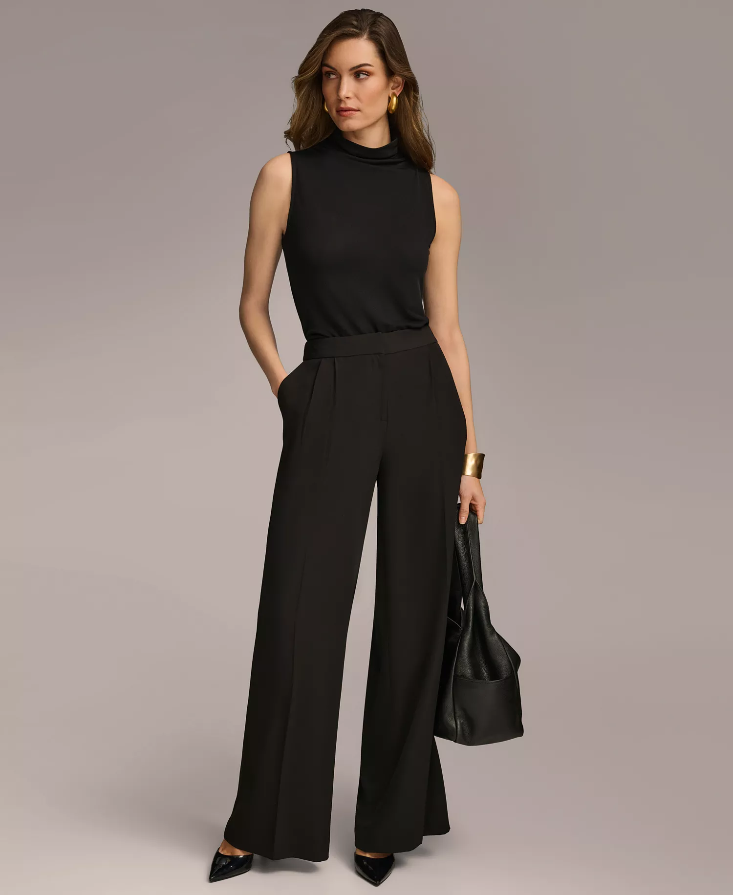 Women's Belted Blazer and Pleat Front Wide-Leg Pants - Black - 0