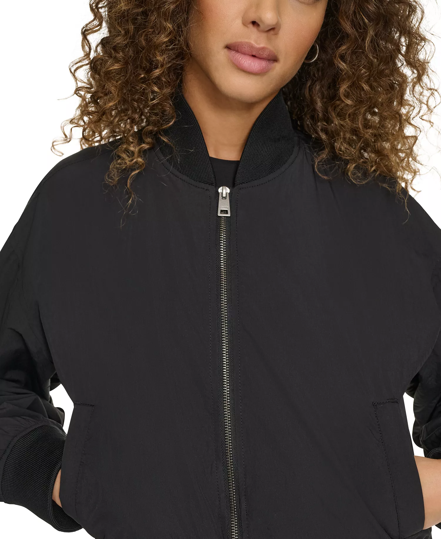 Women's Relaxed Zip-Front Ribbed-Hem Bomber Jacket - Black - L