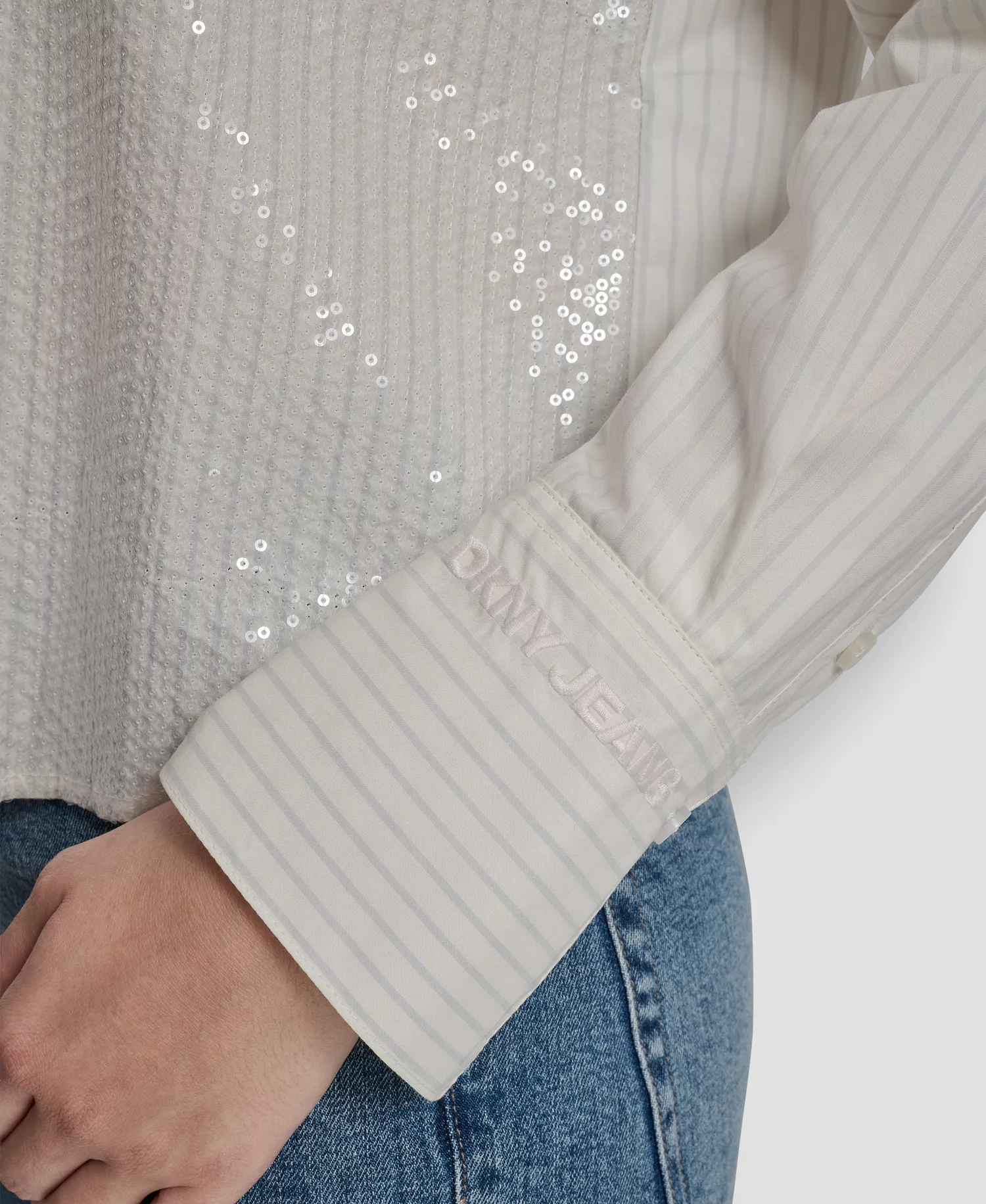 Women's Logo Embroidery and Sequin Button-Front Shirt - Lasalle Stripe-eggnog/zinc - L