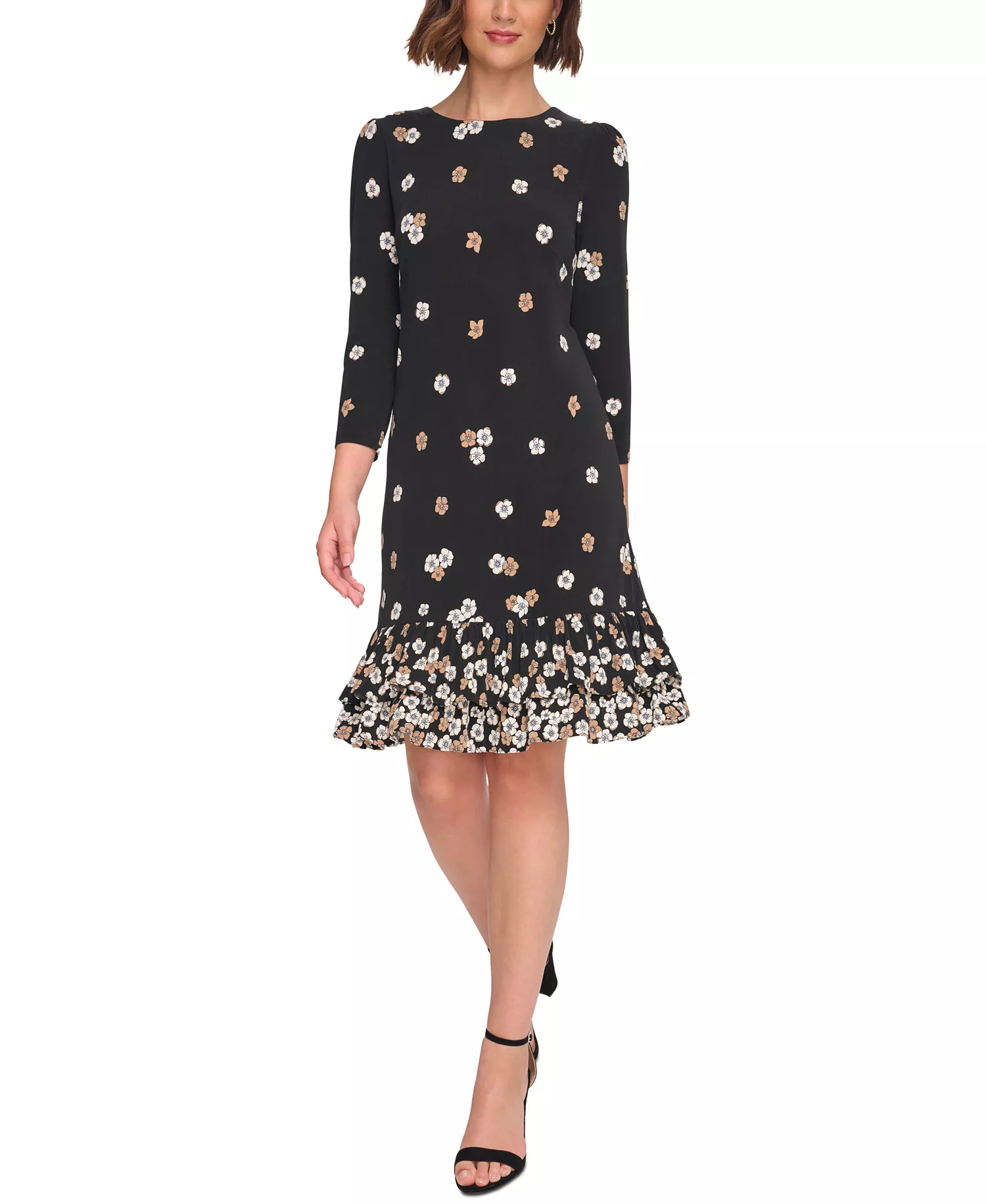 Women's 3/4-Sleeve Flounce-Hem Dress   - Black/cream - 10