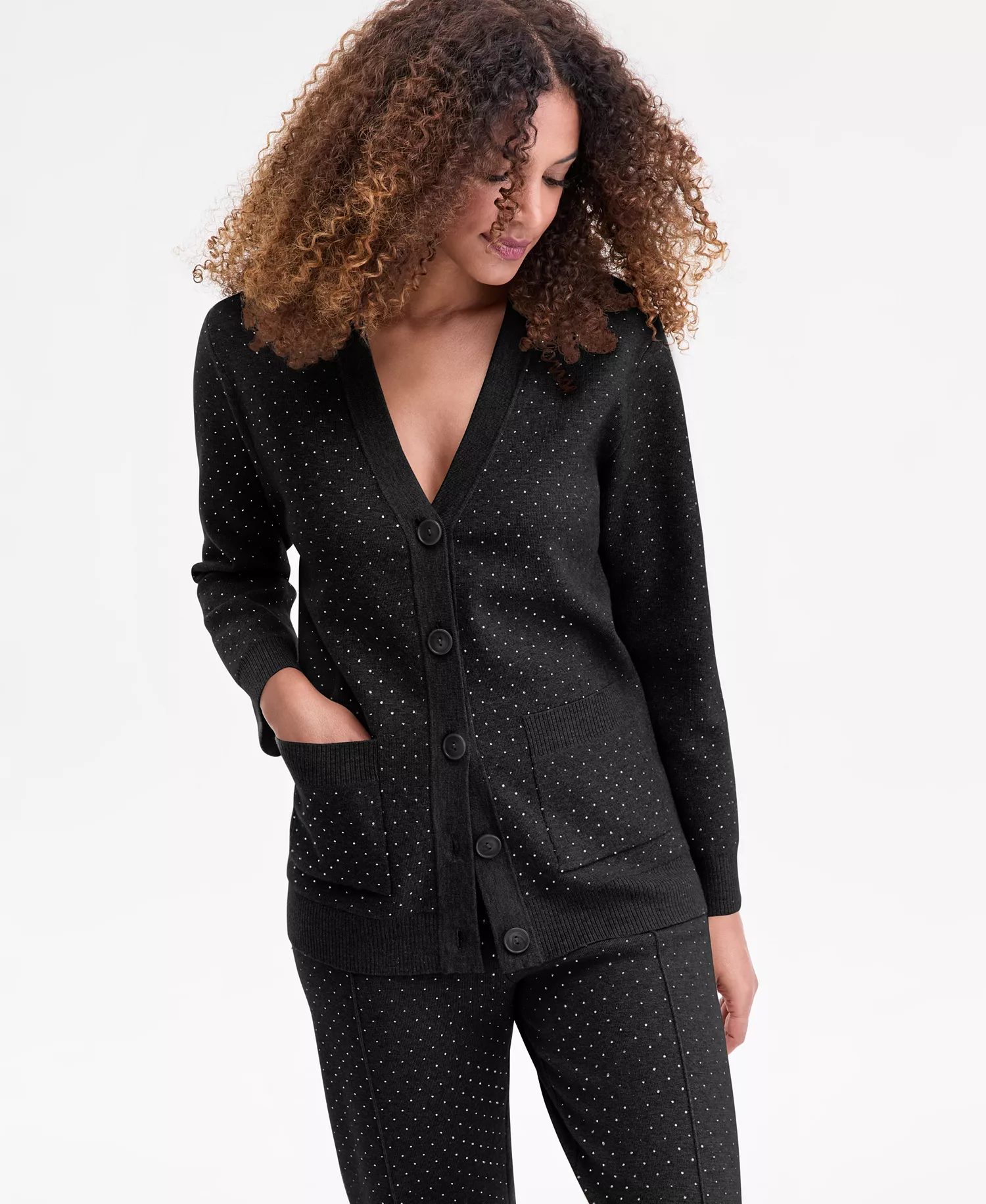 Women's Rhinestone V-Neck Cardigan, Macy's Exclusive - Deep Black - XL